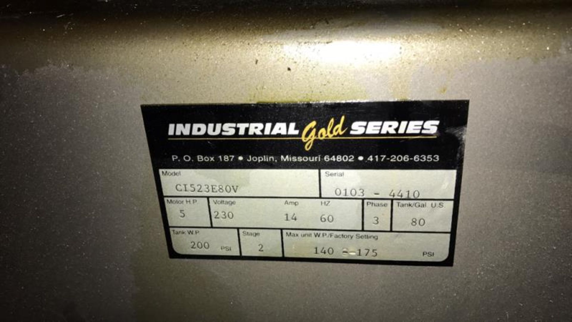 Industrial Gold Series air compressor, Model: CI523E80C, SN: 0103-4410. 5 HP motor, 3 Phase, 240v - Image 2 of 3