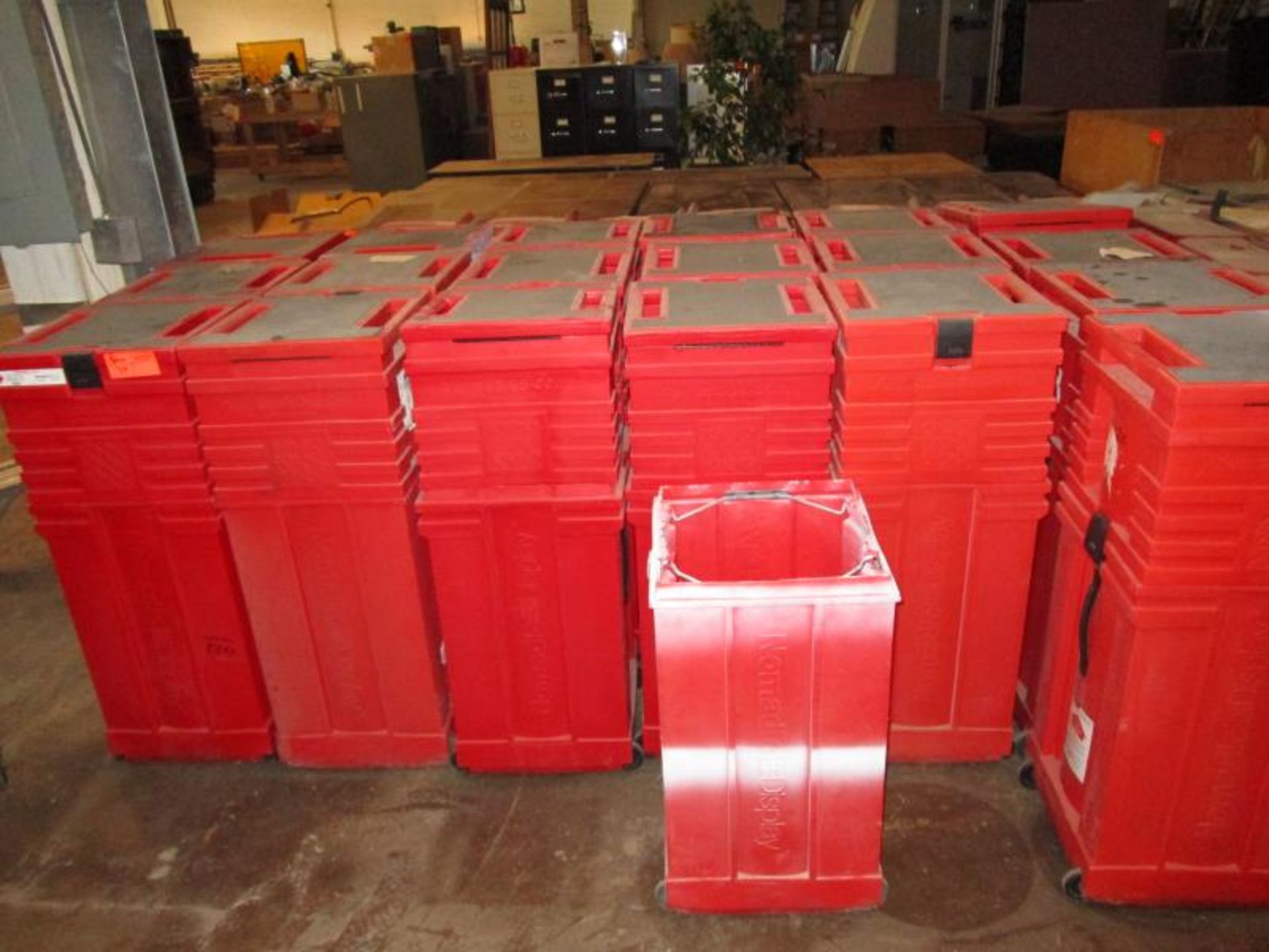 (20) Red Road Cases - Rectangular - (1) Missing Top, Rolling, By Nomadic Display Top, Rolling, By