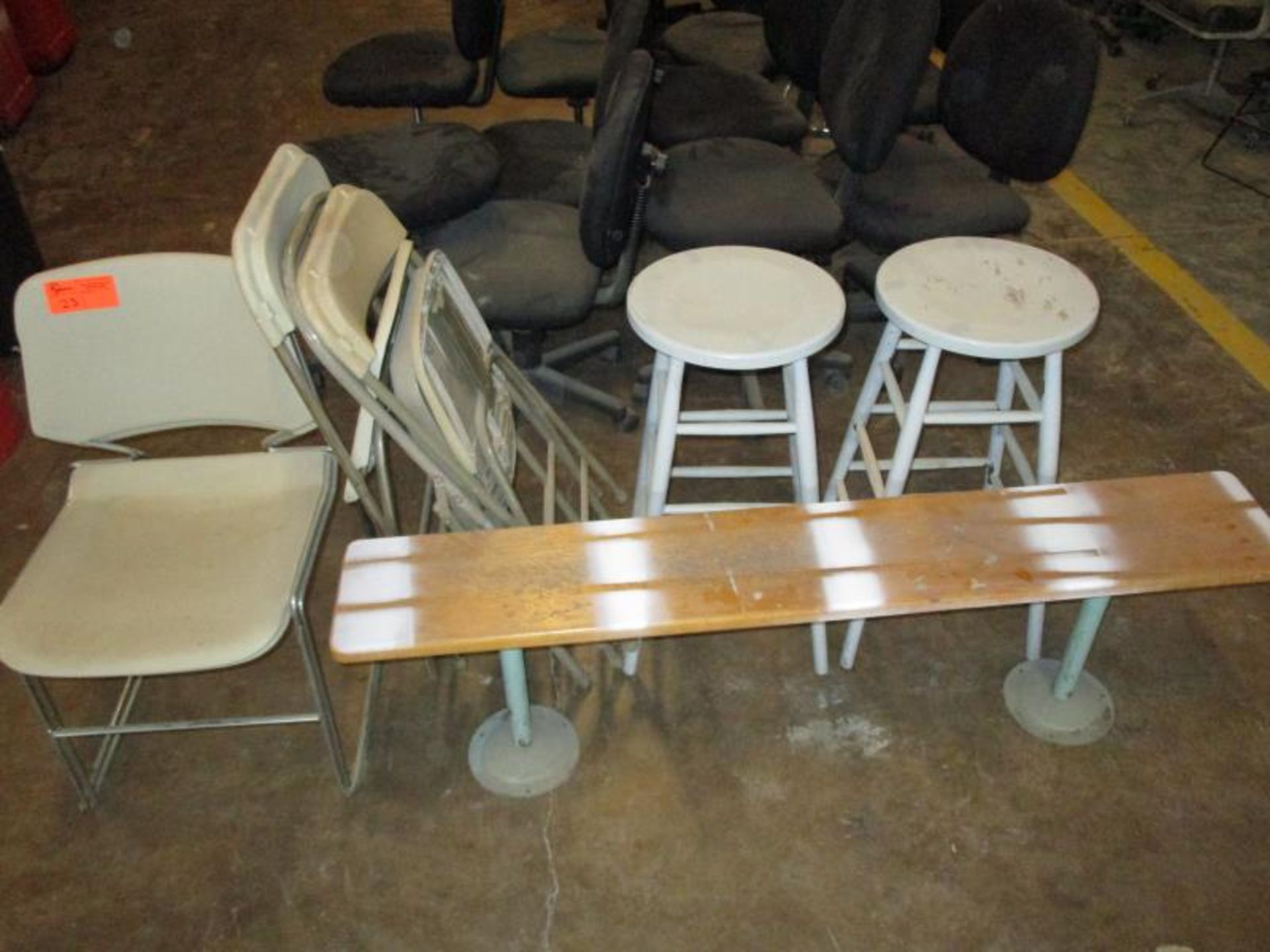 Lot - (3) Folding Chairs,(2) Stackable Chairs w/ Plastic Seat / Back, Metal Frame, (2) Bar