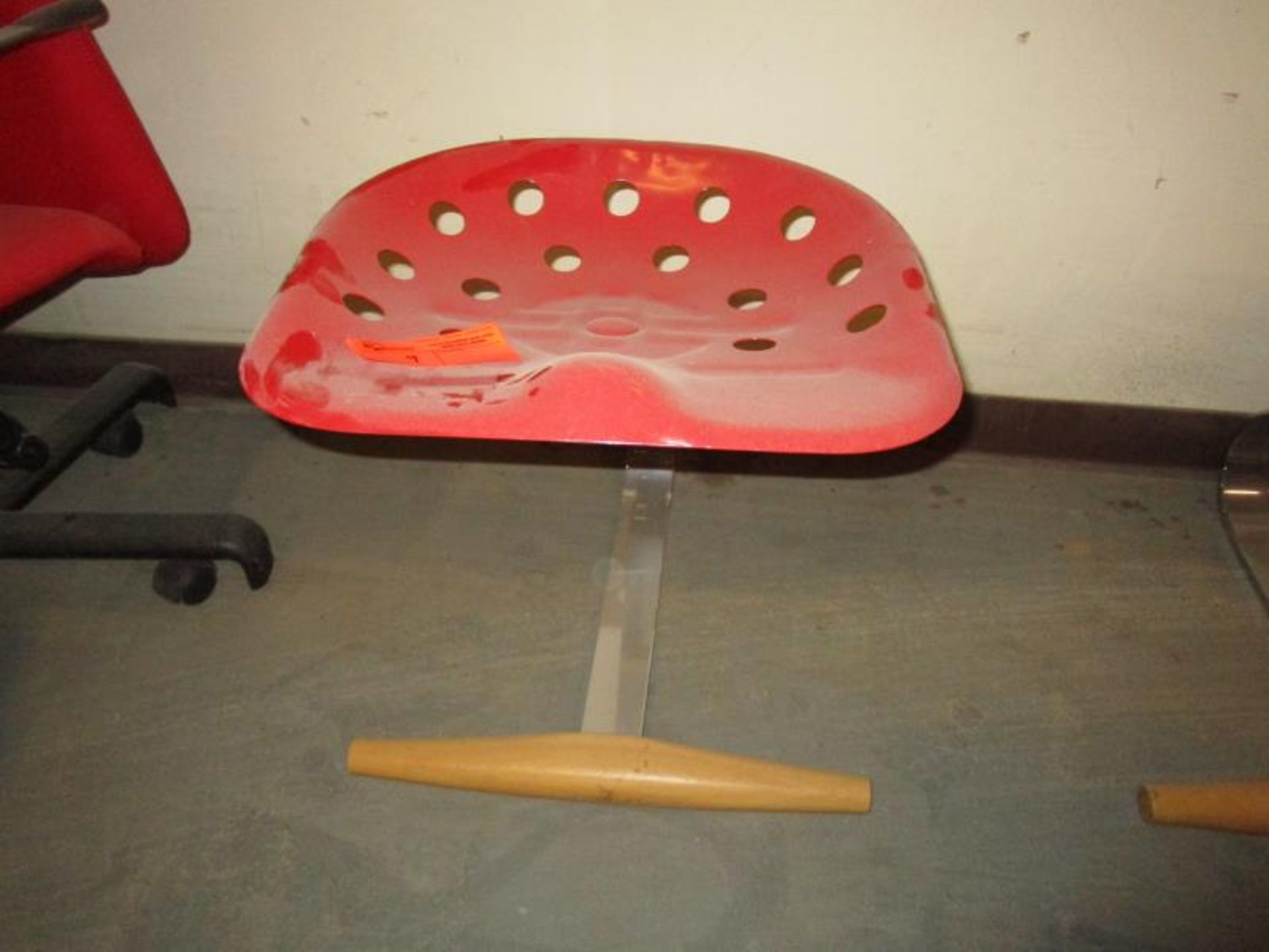 (1) Stool / Chair w/ Red Metal Seat, Metal Base w/ Wood Front Piece w/ Wood Front Piece