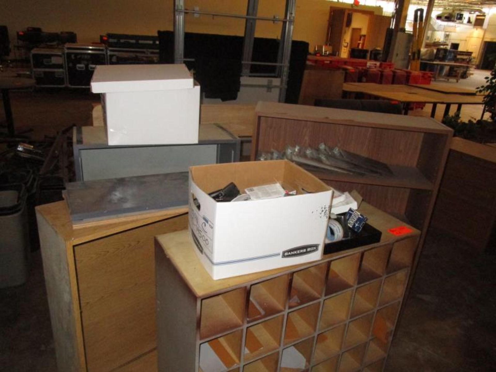 Lot - (3) Asst. Book Shelves - 2 w/ No Shelves, (1) Cubby Storage - 30 Cubbies, Office Supplies (