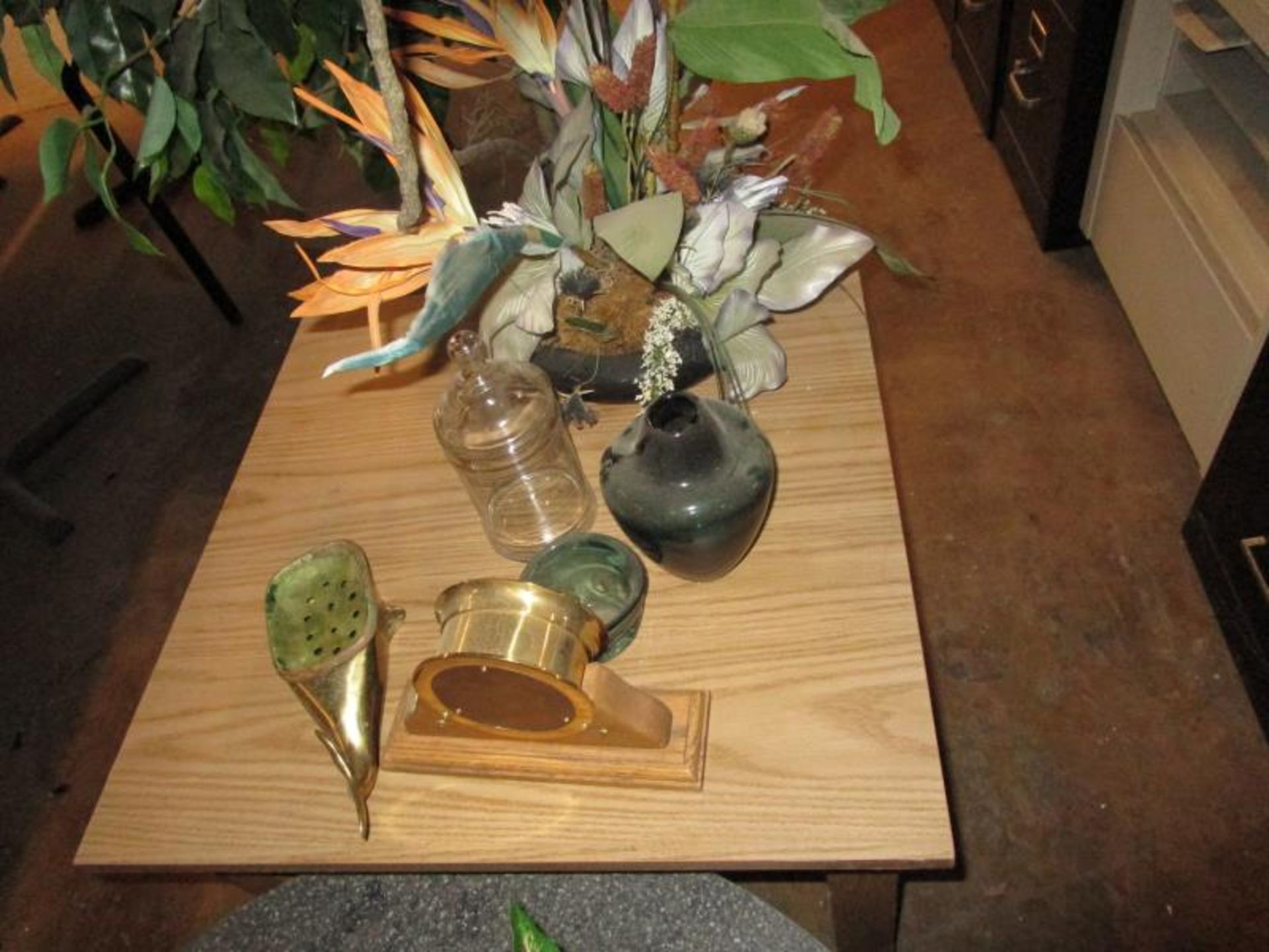 (2) End Tables - 1 Round - 1 Square, Desk Clock, Brass Whale Soap Dish, (3) Glass Pcs. (3) - Image 4 of 4