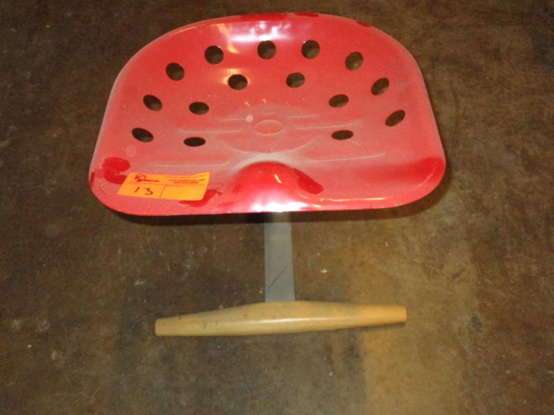 (1) Stool / Chair w/ Red Metal Seat, Metal Base w/ Wood Front Piece w/ Wood Front Piece