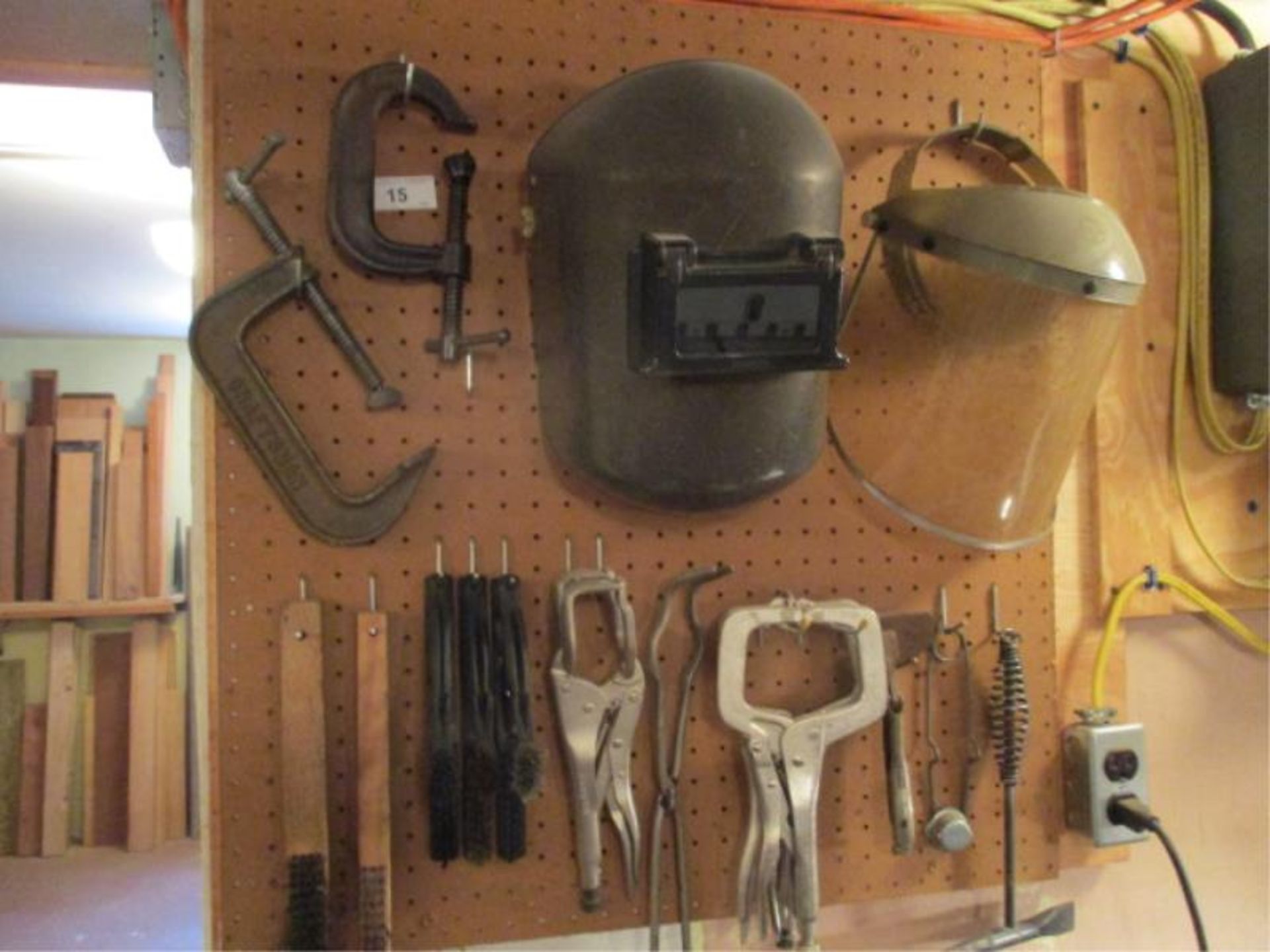 Contents of Peg Board w/ Wire Brushes, Welding Masks, Clamps