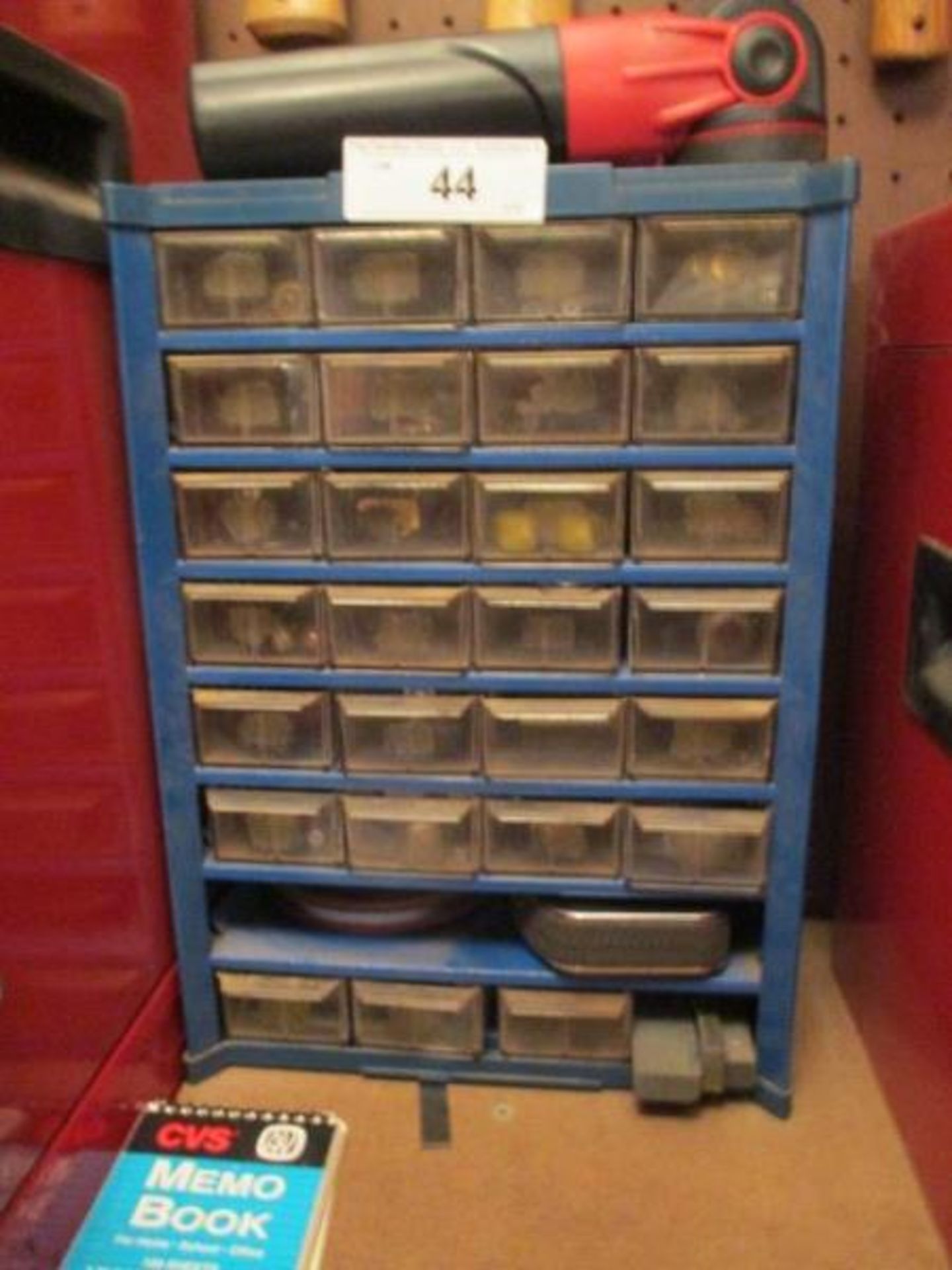 Small Parts Cabinet w/ Tape Measures, Magnet, Chalk, Misc.