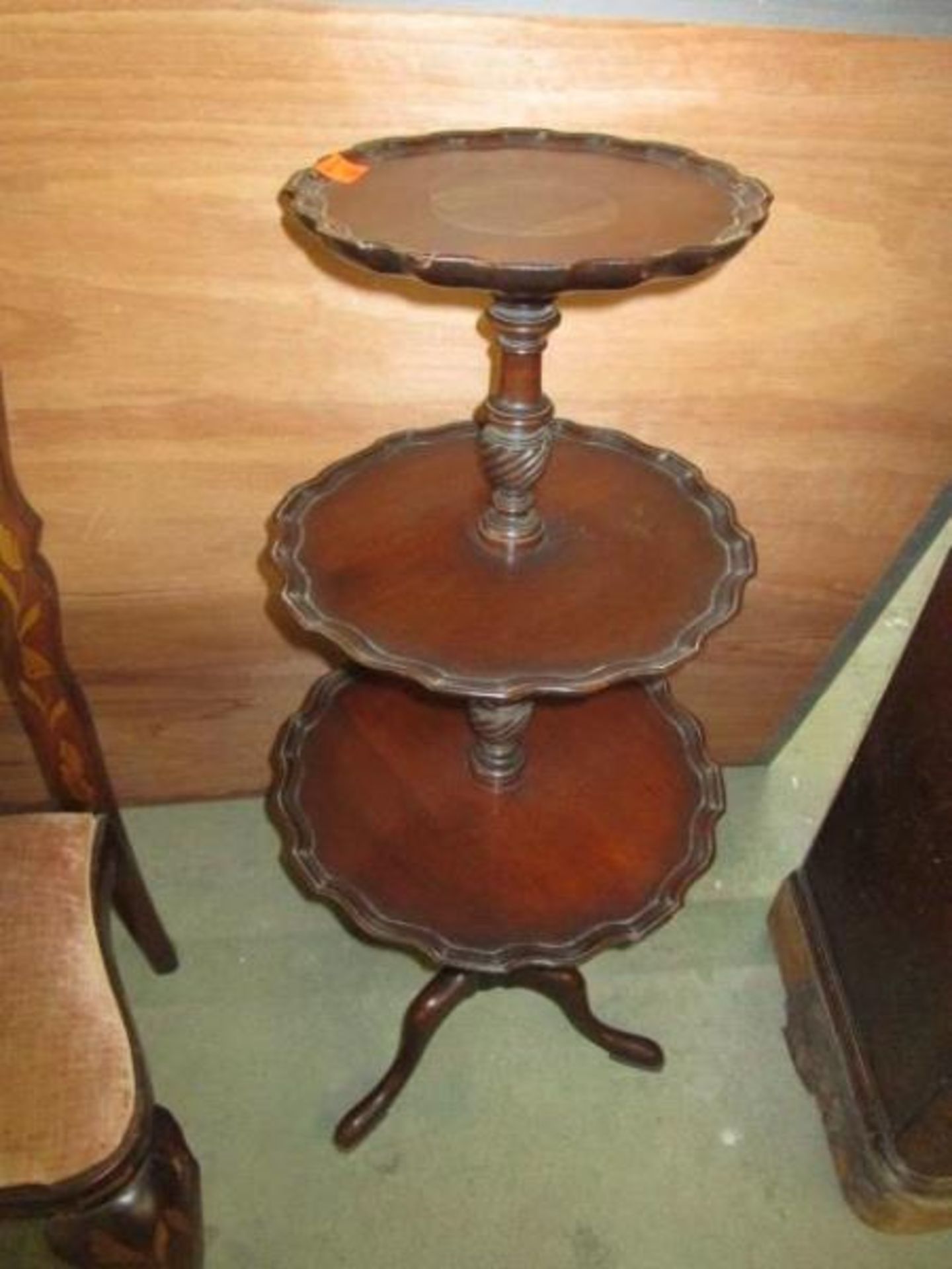 Stand, mahogany, 3 tiered, pie crust edge, center urns, damage to top, 49" h - Image 2 of 2