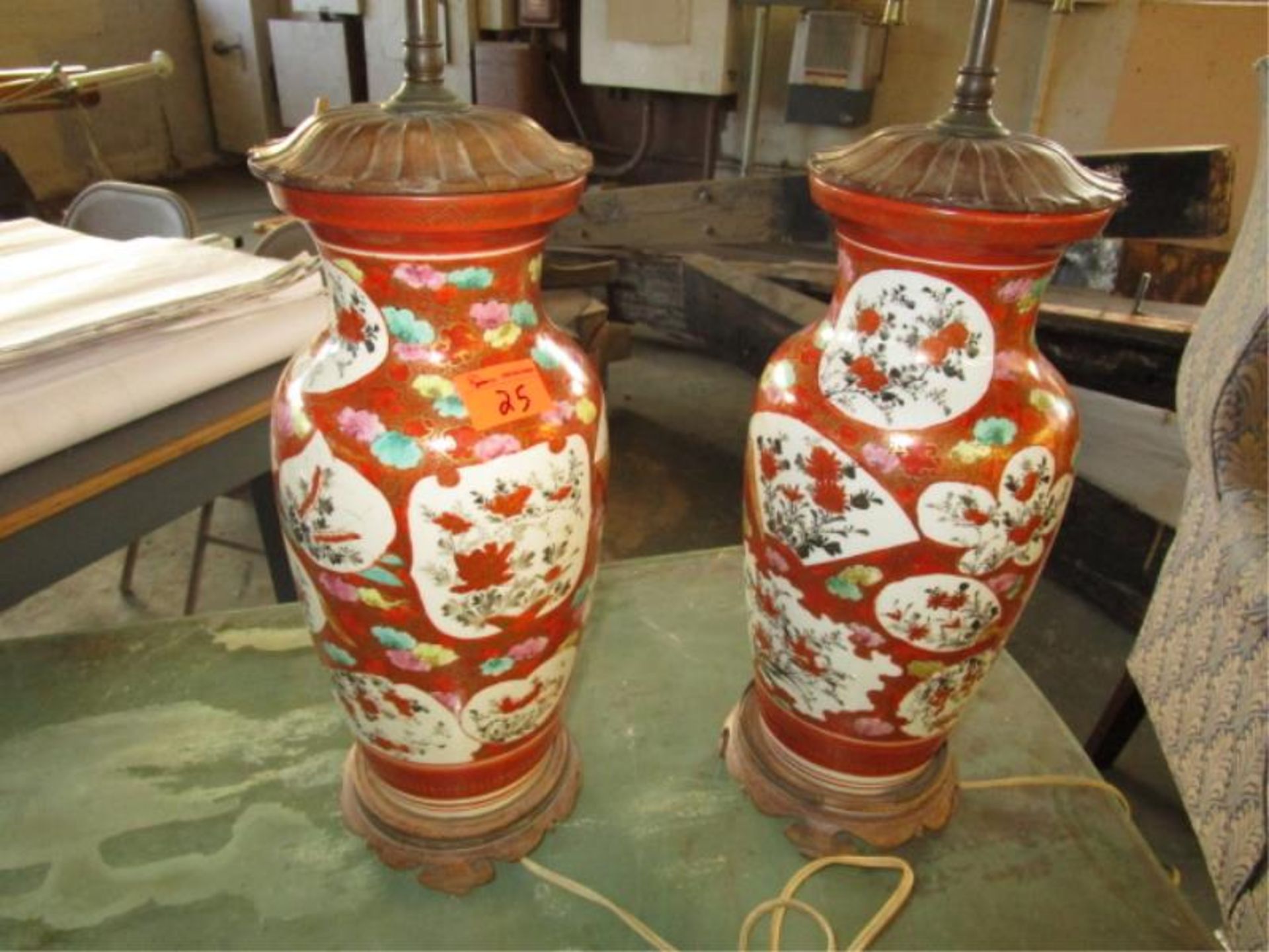 Pair of Table Lamps, Oriental paneled flowered urns, no shades, 26" h, wooden base and wooden top.