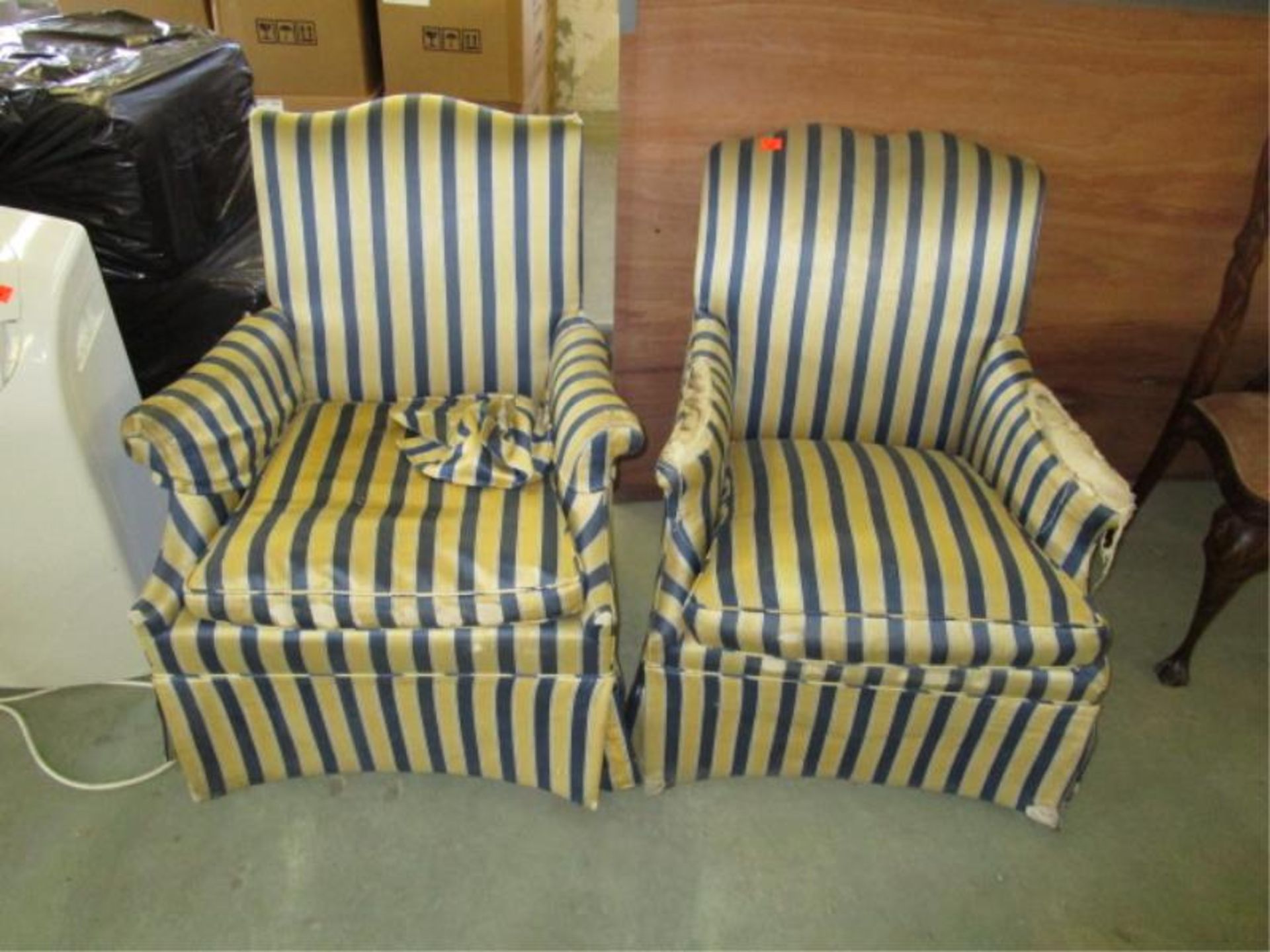 Pair of blue striped arm chairs, in need of reupholstering, poor condition