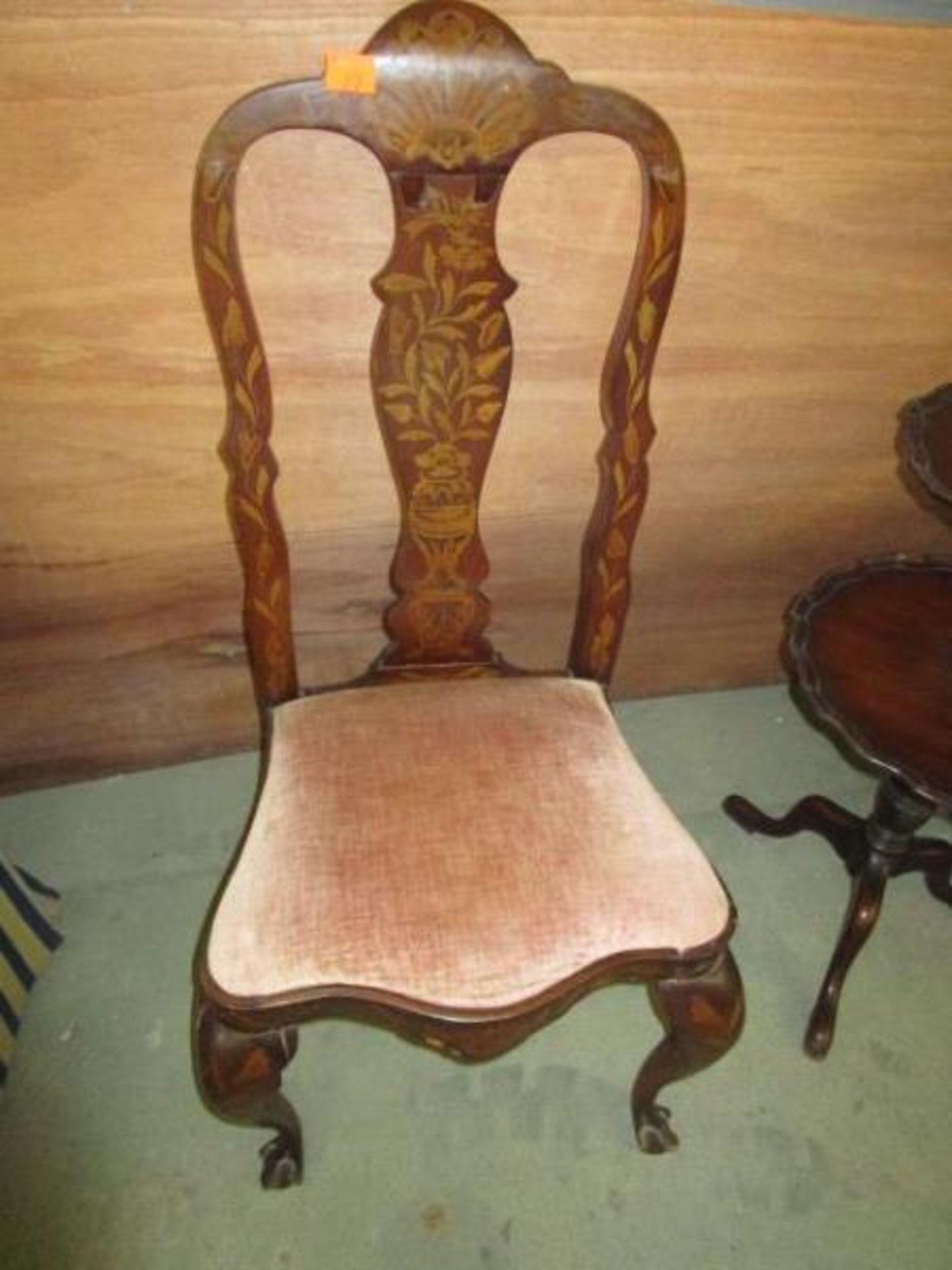 Chair, side, Queen Anne, inlaid, damaged to veneer and damaged throughout, 45" to back crest