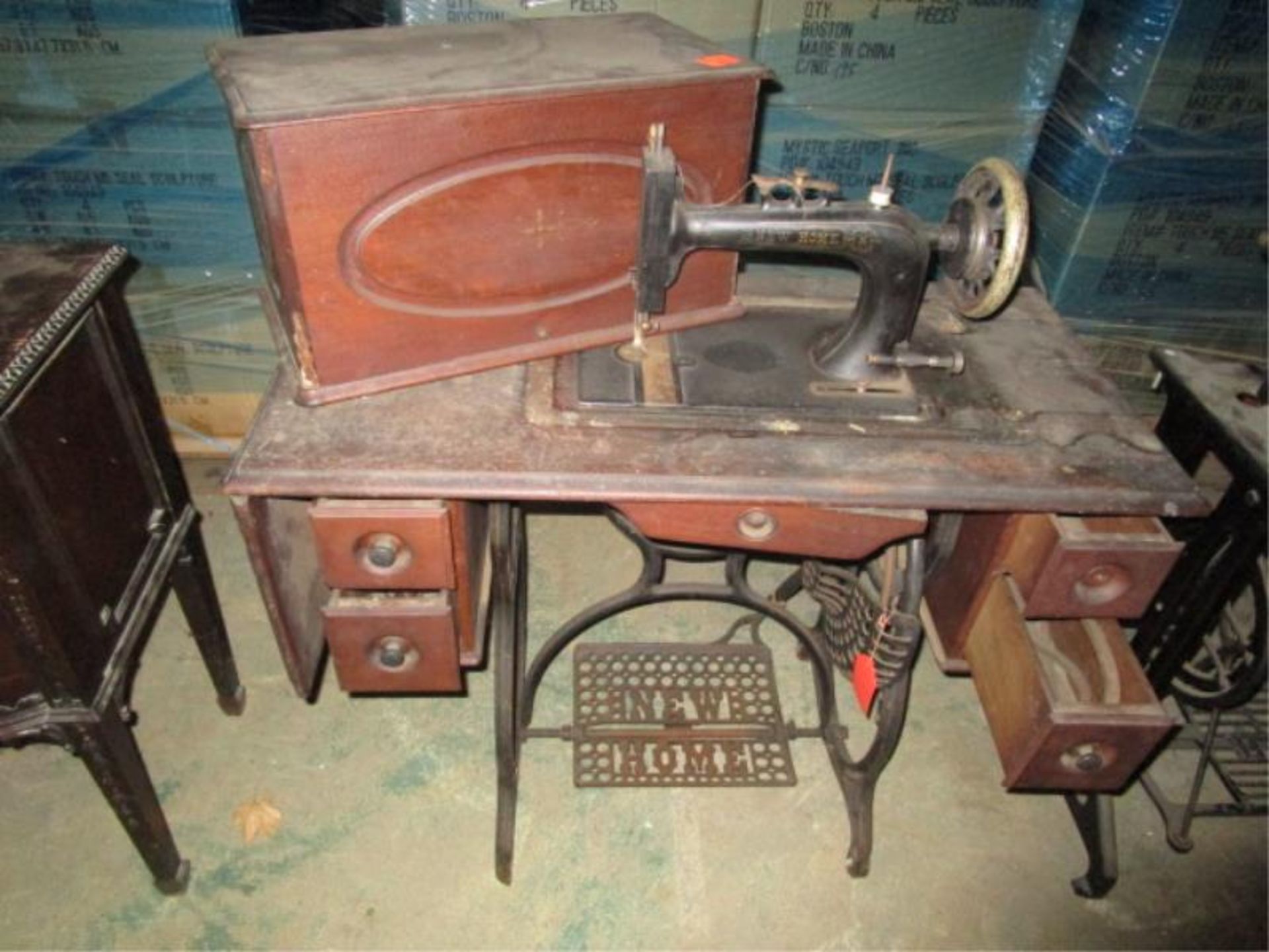 Sewing Machine, New Home, 4 drawers, missing one pull on drawer, with cover, side leaf, iron treadle