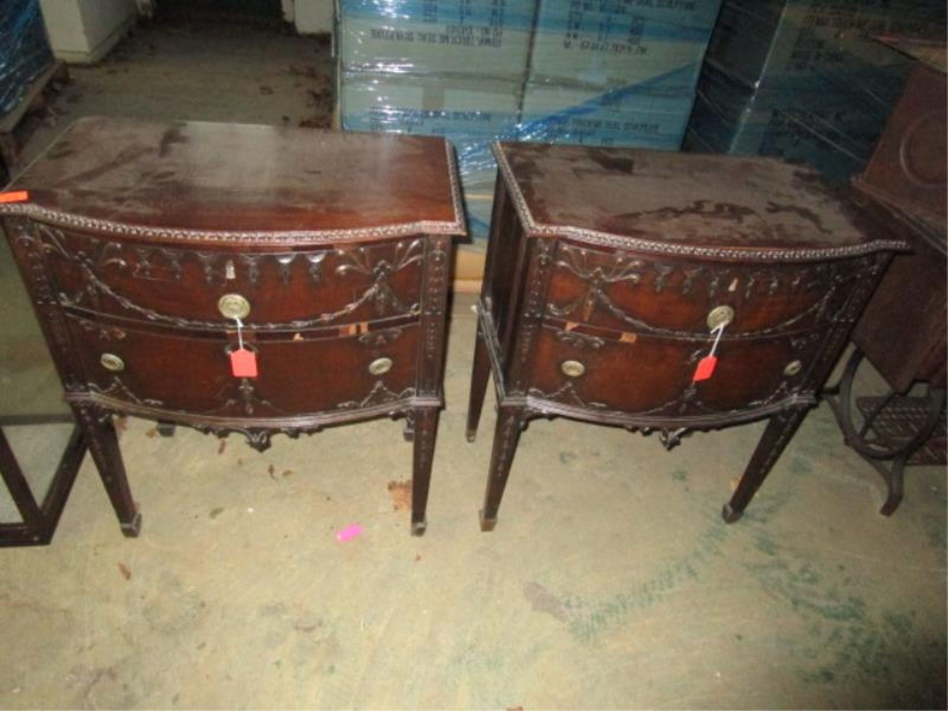 Pair of Stands, mahogany, two drawers, applied design, veneer damageon both, 27" l x 17" w x 31" h