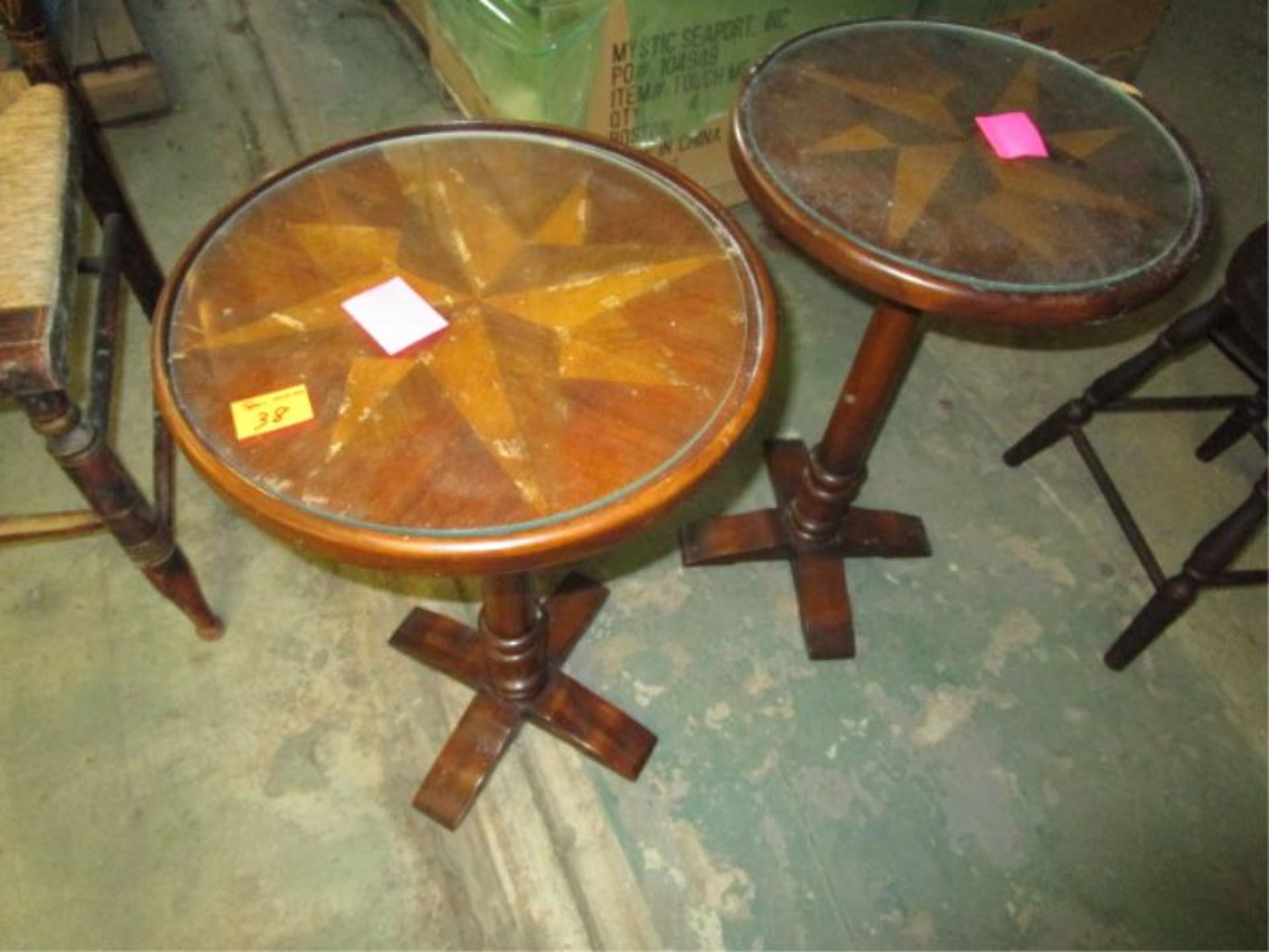 2 Stands,pine, round top, star inlay top with glass insert, 14" top x 23 1/2" h, veneer damage on