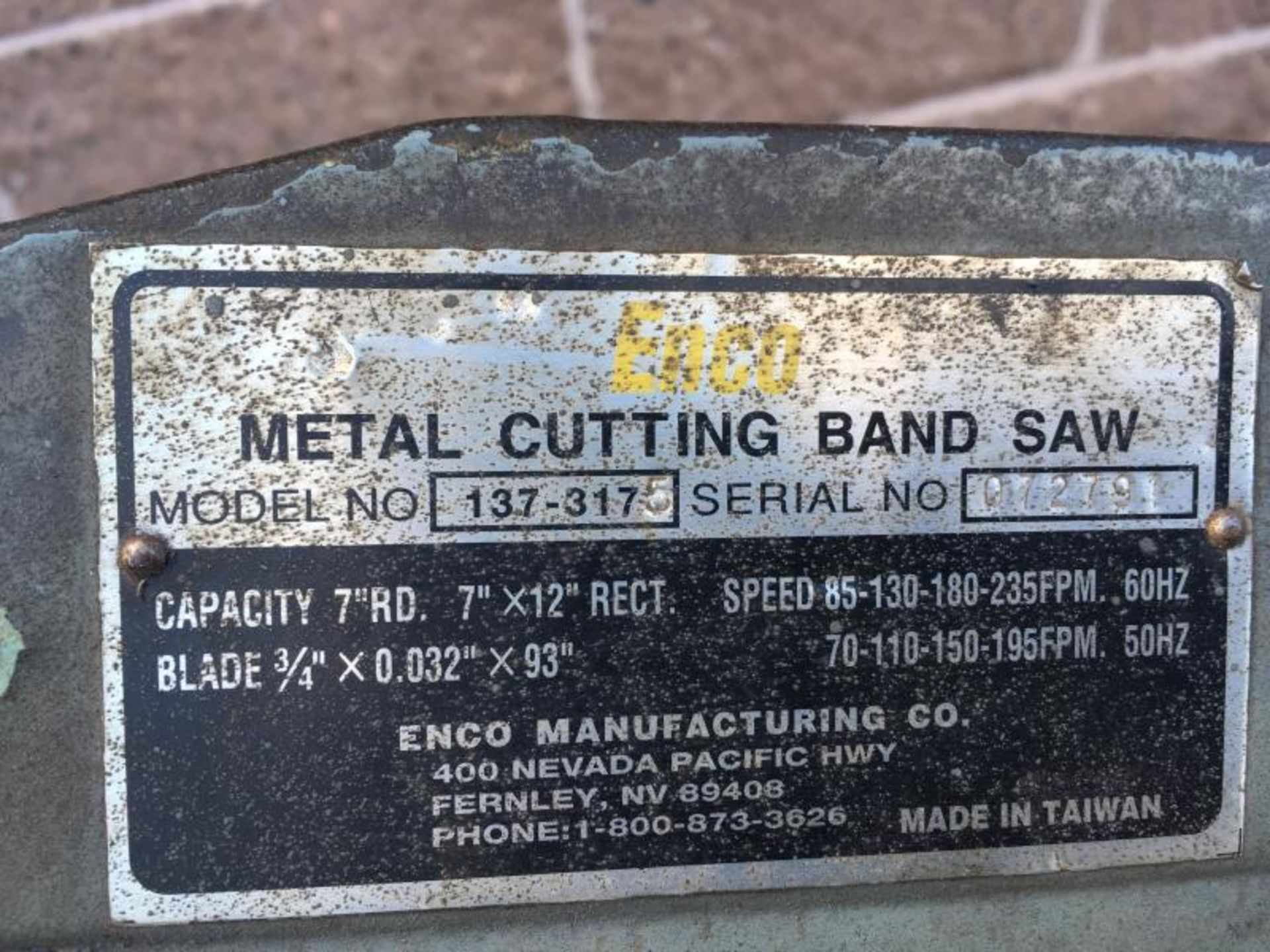 Enco Metal Band Saw Model:137-317 S/N:072791 Single Phase 3/4" - Image 3 of 5