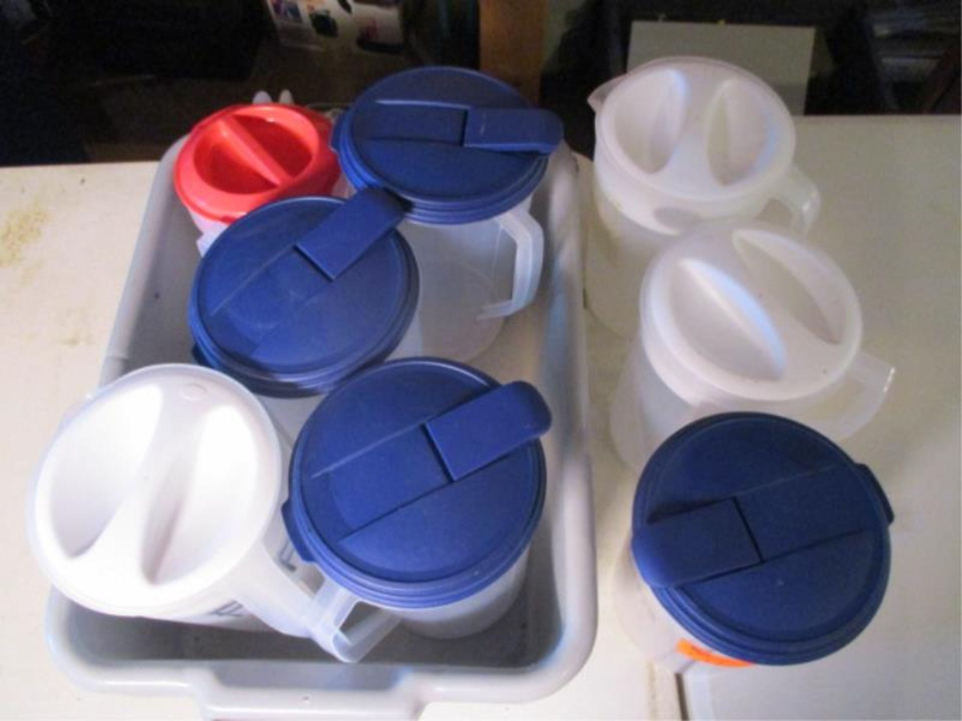 Lot (8) Asst. Plastic Water Pitchers , (2) Grey Dish Bins - Image 3 of 4