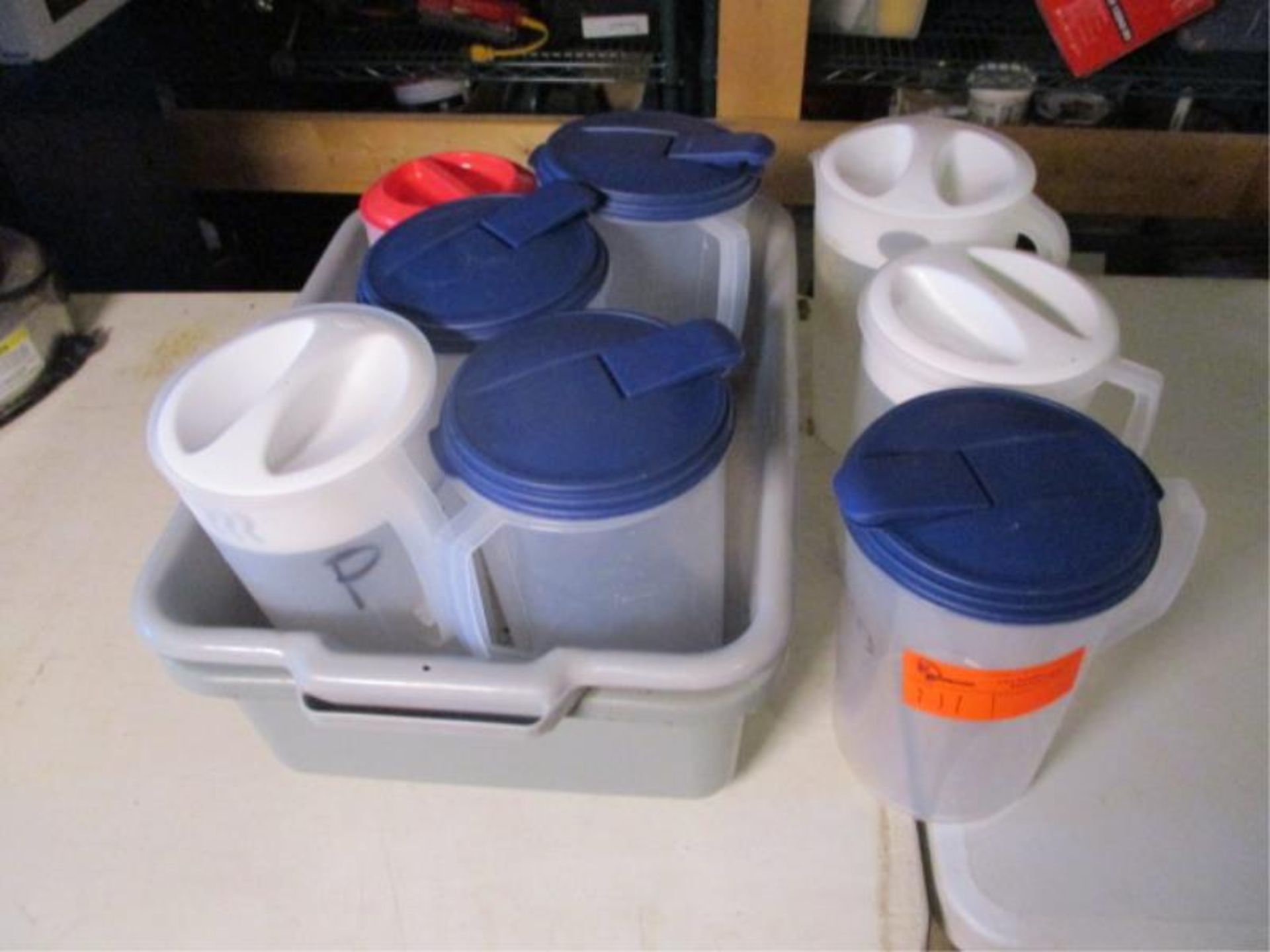 Lot (8) Asst. Plastic Water Pitchers , (2) Grey Dish Bins