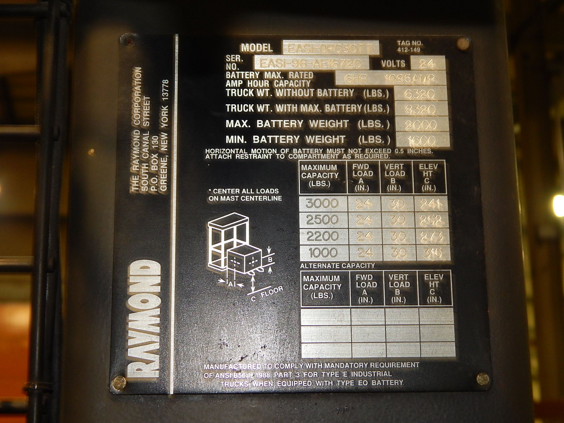 Raymond Model EASL-OPC30TT Order Picker Fork Lift, SN EASL-96-AE16720, 3,000 lb. cap., 3-Stage Mast, - Image 8 of 9