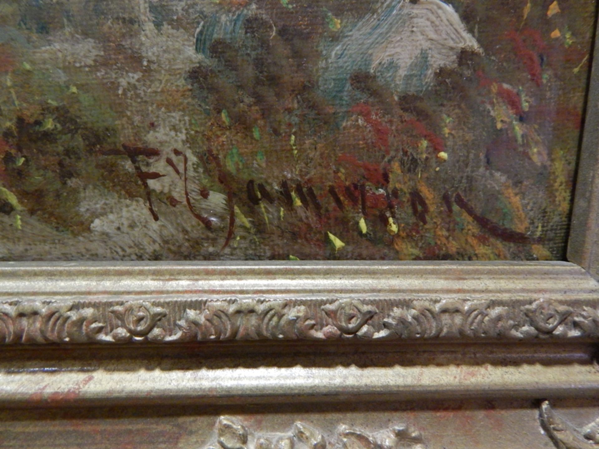 Lake and Mountain Oil on Canvas Painting, approximately 23 in x 15 in, Possible F. E. Jamieson - Image 4 of 5