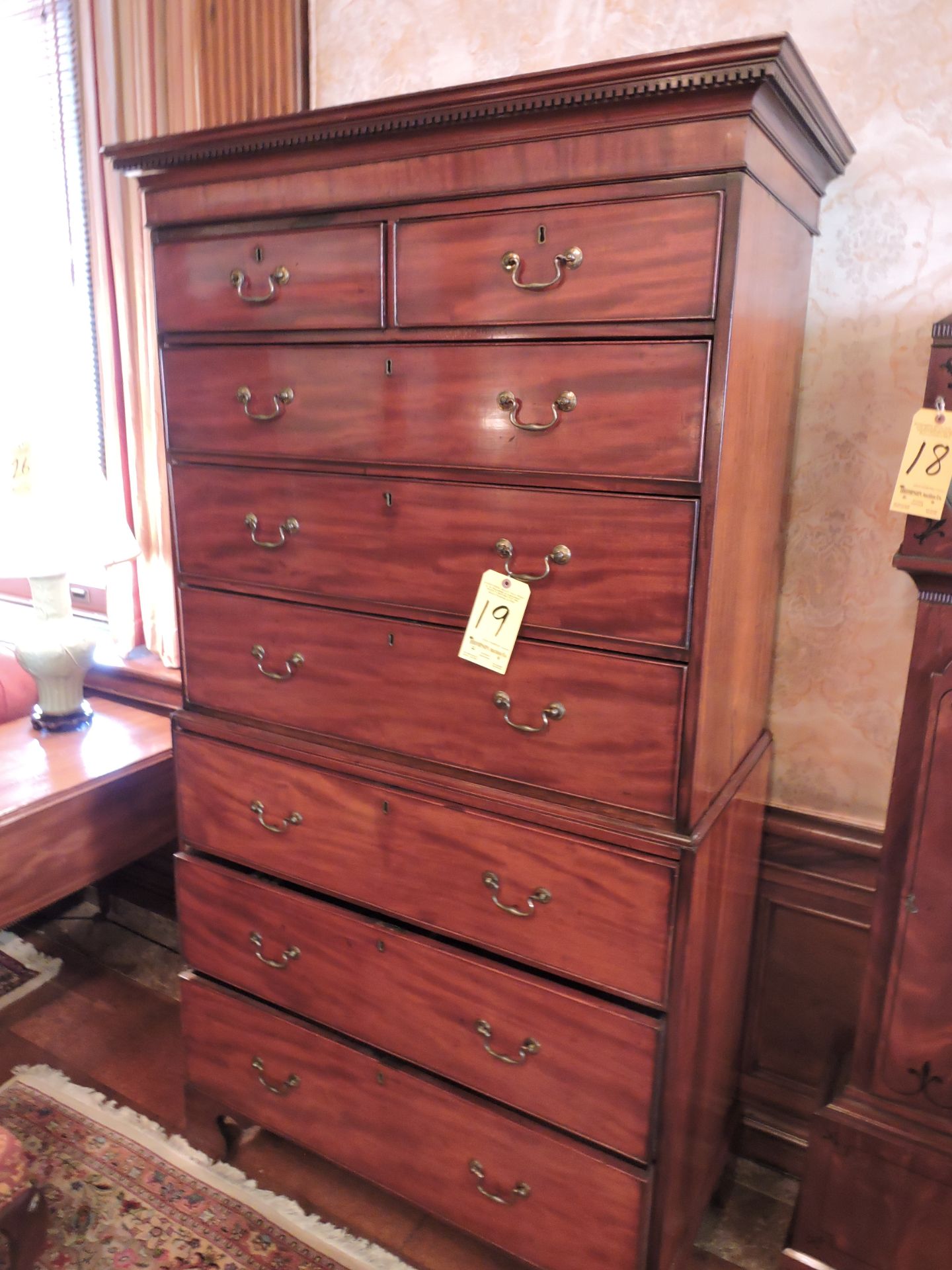 8 Drawer Mahogany Chest on Chest, Scrolled Bracket Feet, Overcoated Finish, circa 1820, (6'5")