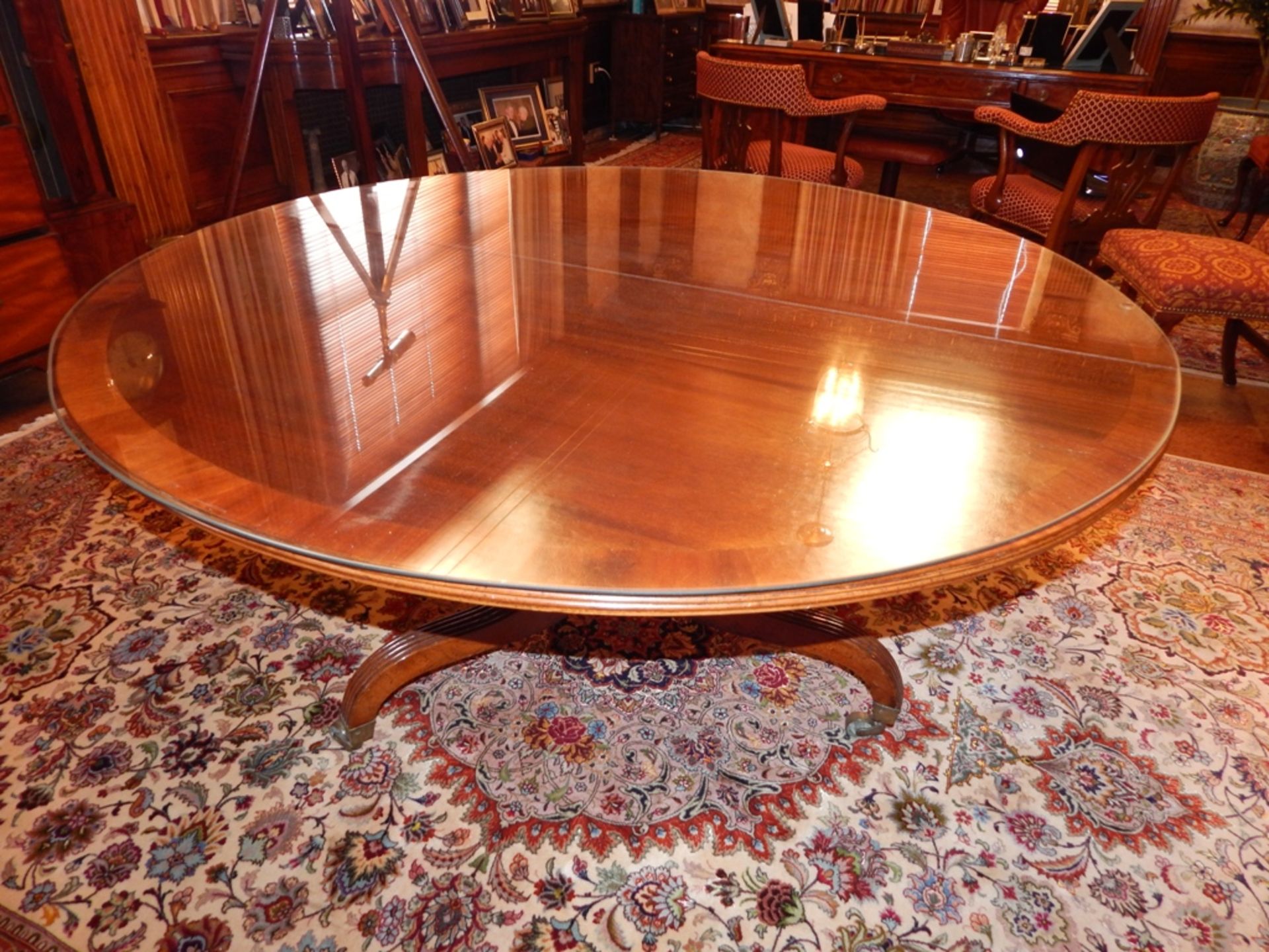 Duncan Phyfe 56" Round Mahogany Pedestal Table with Banded Top, Glass Top