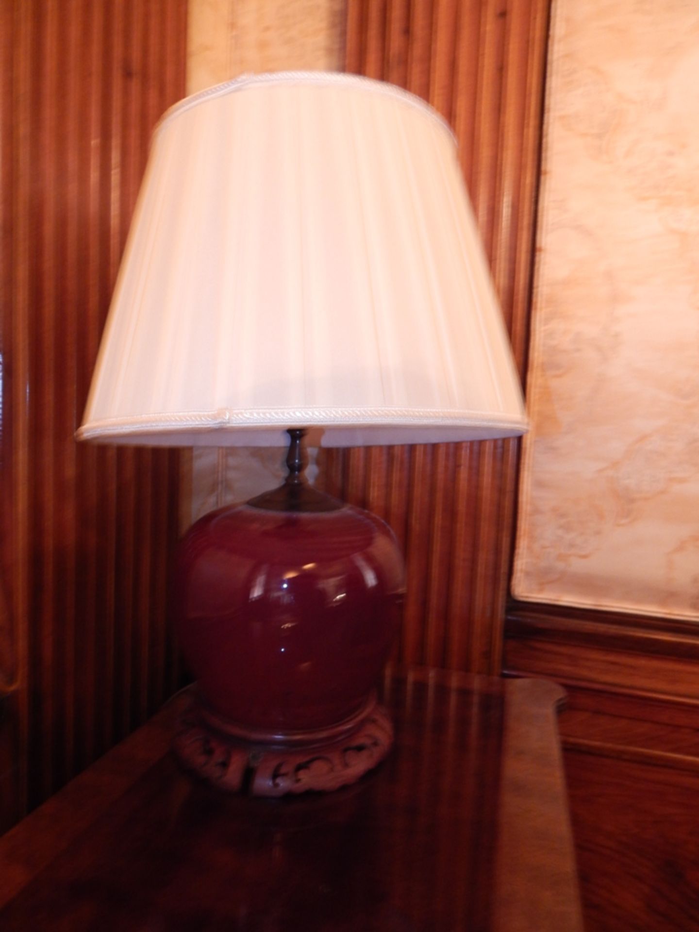 High Gloss Burgundy Ginger Jar Lamp with Wooden Base - Image 2 of 5