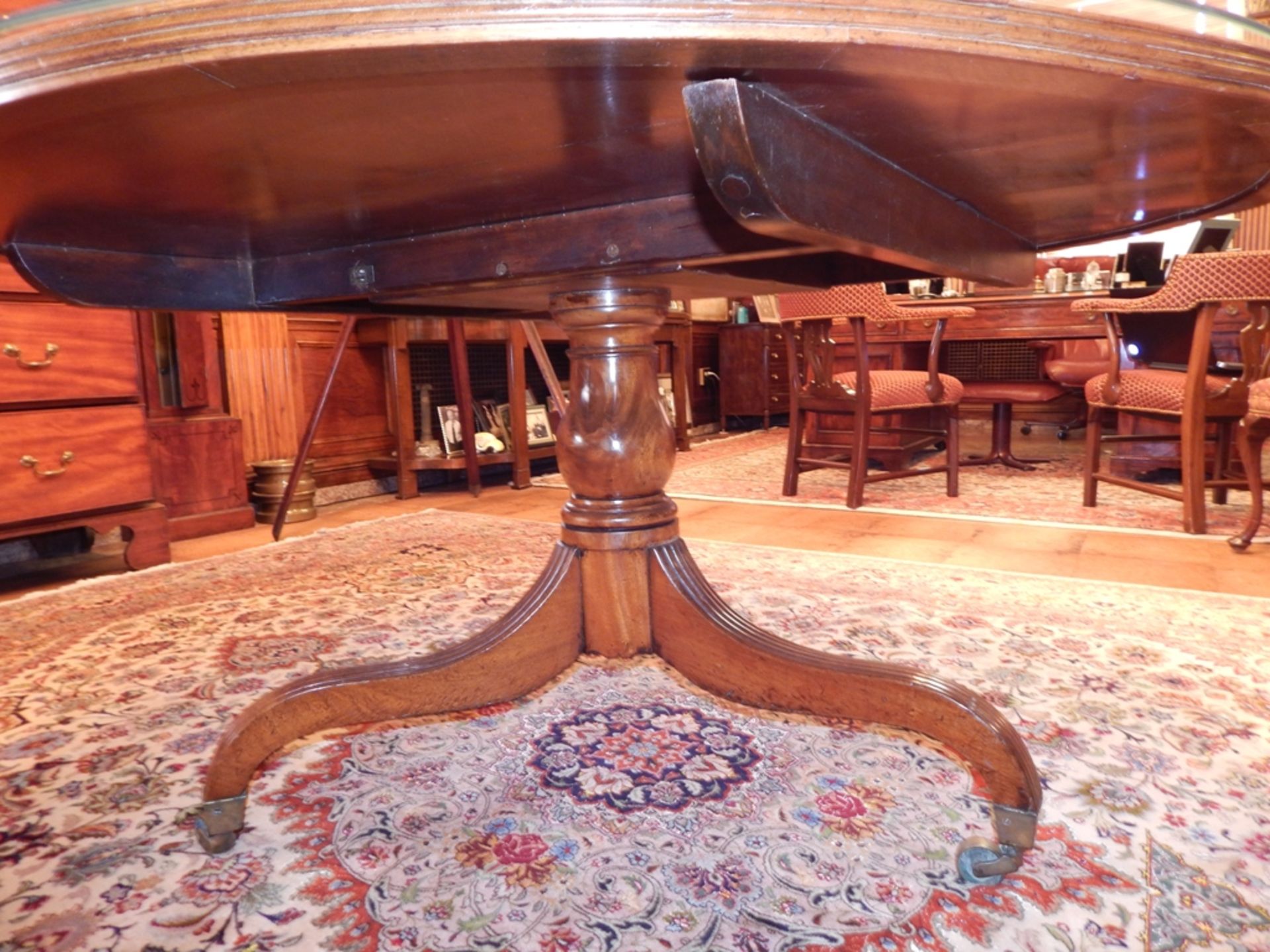 Duncan Phyfe 56" Round Mahogany Pedestal Table with Banded Top, Glass Top - Image 2 of 5