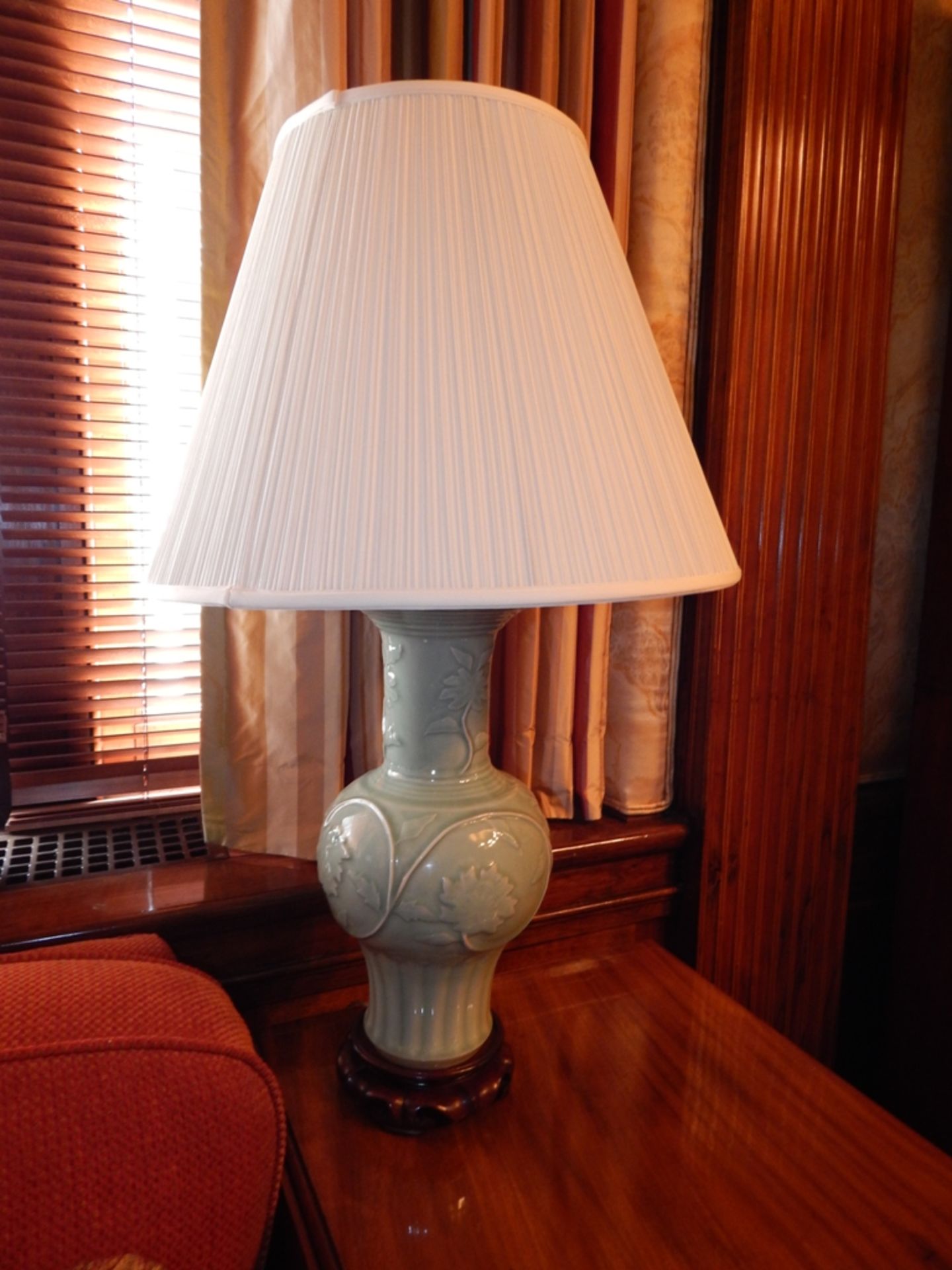 Korean Celadon Pottery Lamp with Rosewood Base - Image 2 of 7