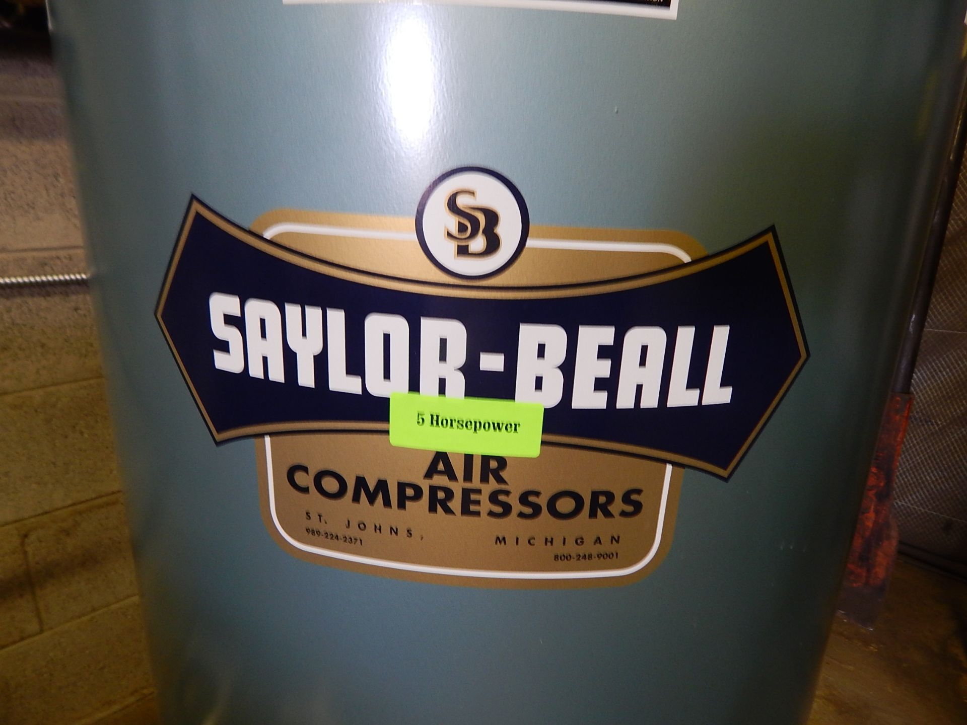 Saylor-Beall 5 HP Tank-Mounted Vertical Air Compressor, SN 5-41-A16, 80 Gal. Tank, 3 Phase - Image 6 of 7