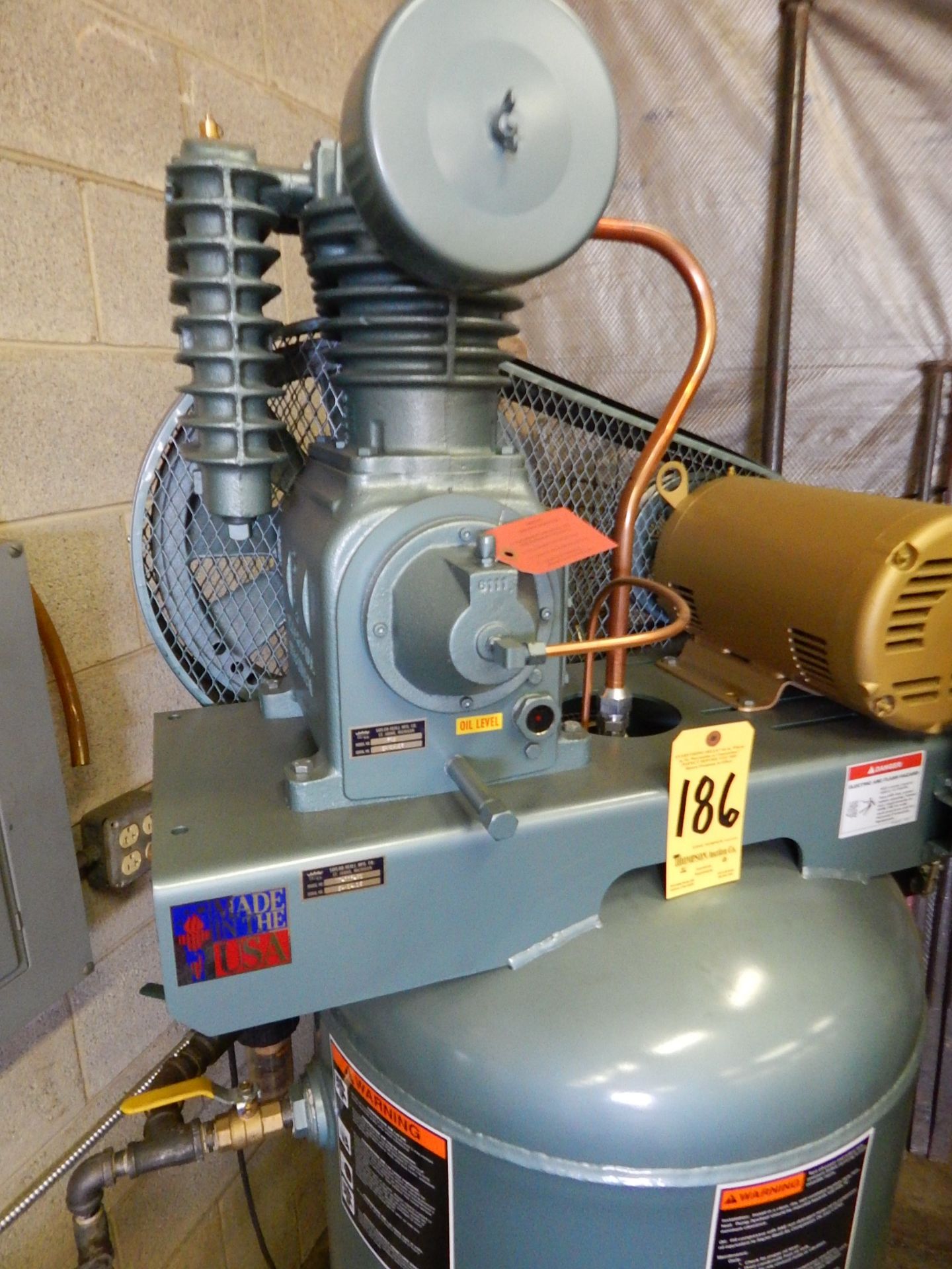 Saylor-Beall 5 HP Tank-Mounted Vertical Air Compressor, SN 5-41-A16, 80 Gal. Tank, 3 Phase - Image 4 of 7