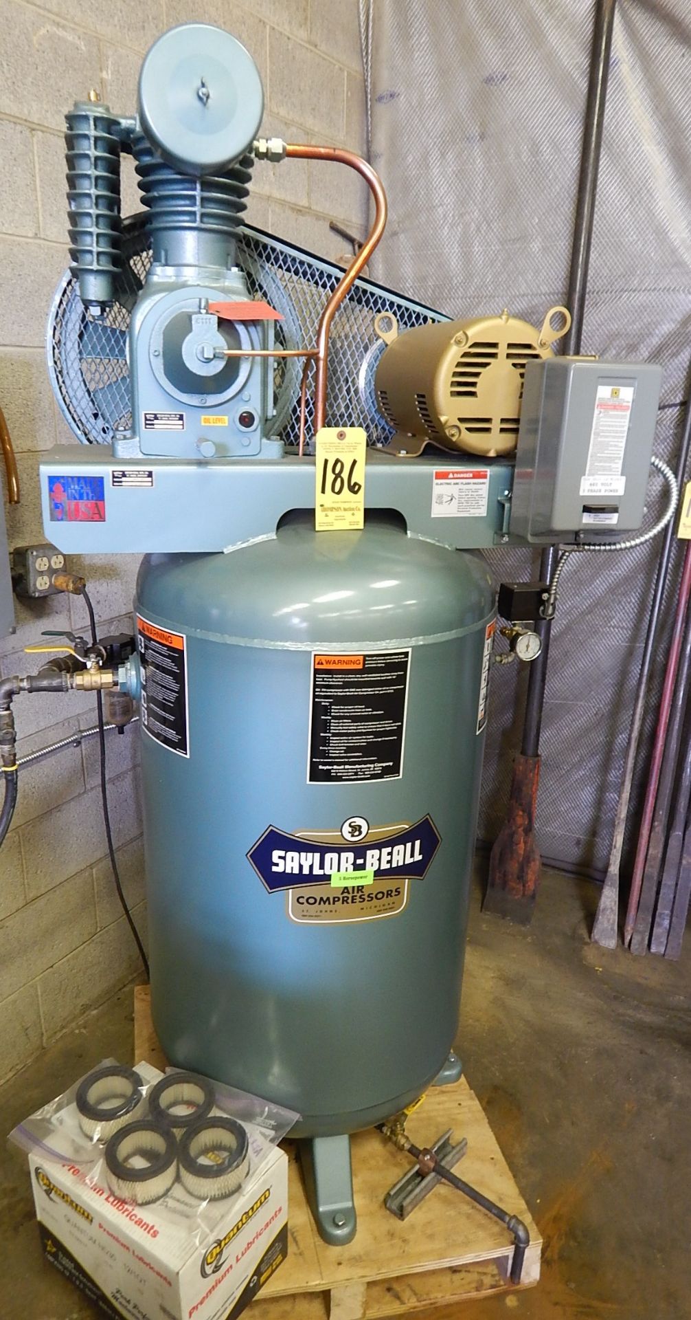 Saylor-Beall 5 HP Tank-Mounted Vertical Air Compressor, SN 5-41-A16, 80 Gal. Tank, 3 Phase