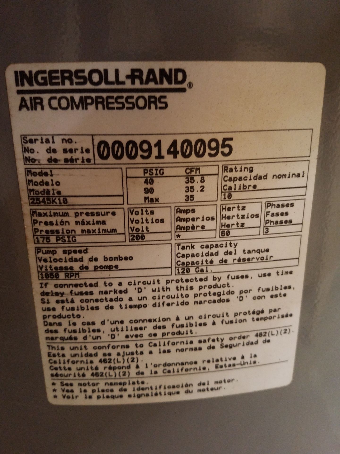 Ingersoll Rand T30 2-Stage Air Compressor, 120 Gallon Vertical Tank, 10 HP, 3 PH, 230v, $100 Loading - Image 2 of 6