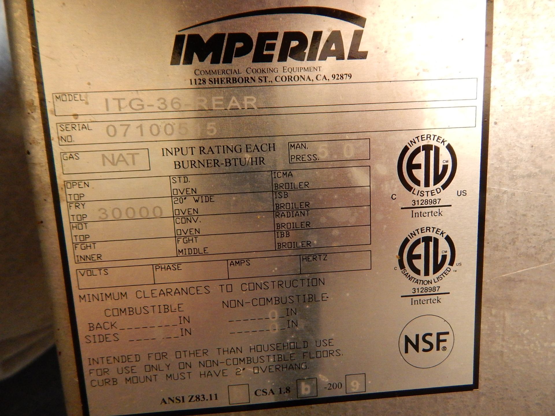 Imperial Model ITG-36-REAR 36" Flat Top Gas Griddle, SN 07100515 - Image 6 of 7