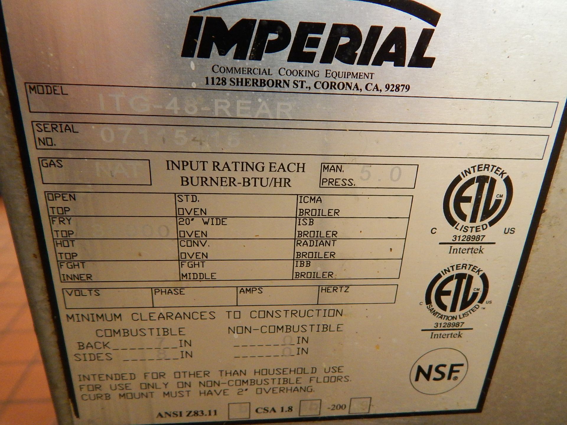 Imperial Model ITG-48-REAR 48" Flat Top Gas Griddle SN 07115415 - Image 6 of 7