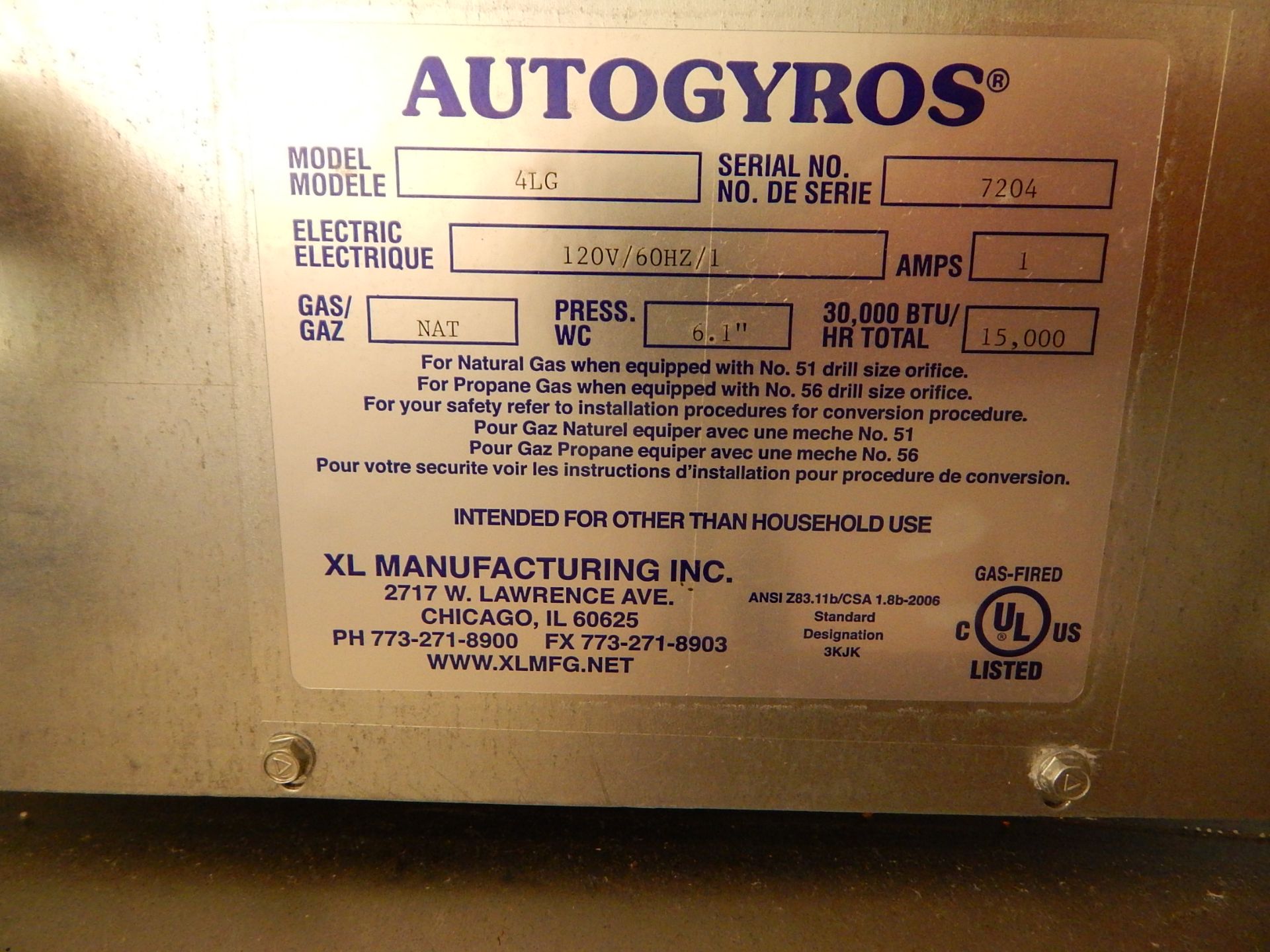 XL Mfg. Model 4 LG Autogyros Vertical Broiler, SN 7204, 65 lb. cap (2) Gas Burners, 115V, 1 phs., - Image 5 of 7