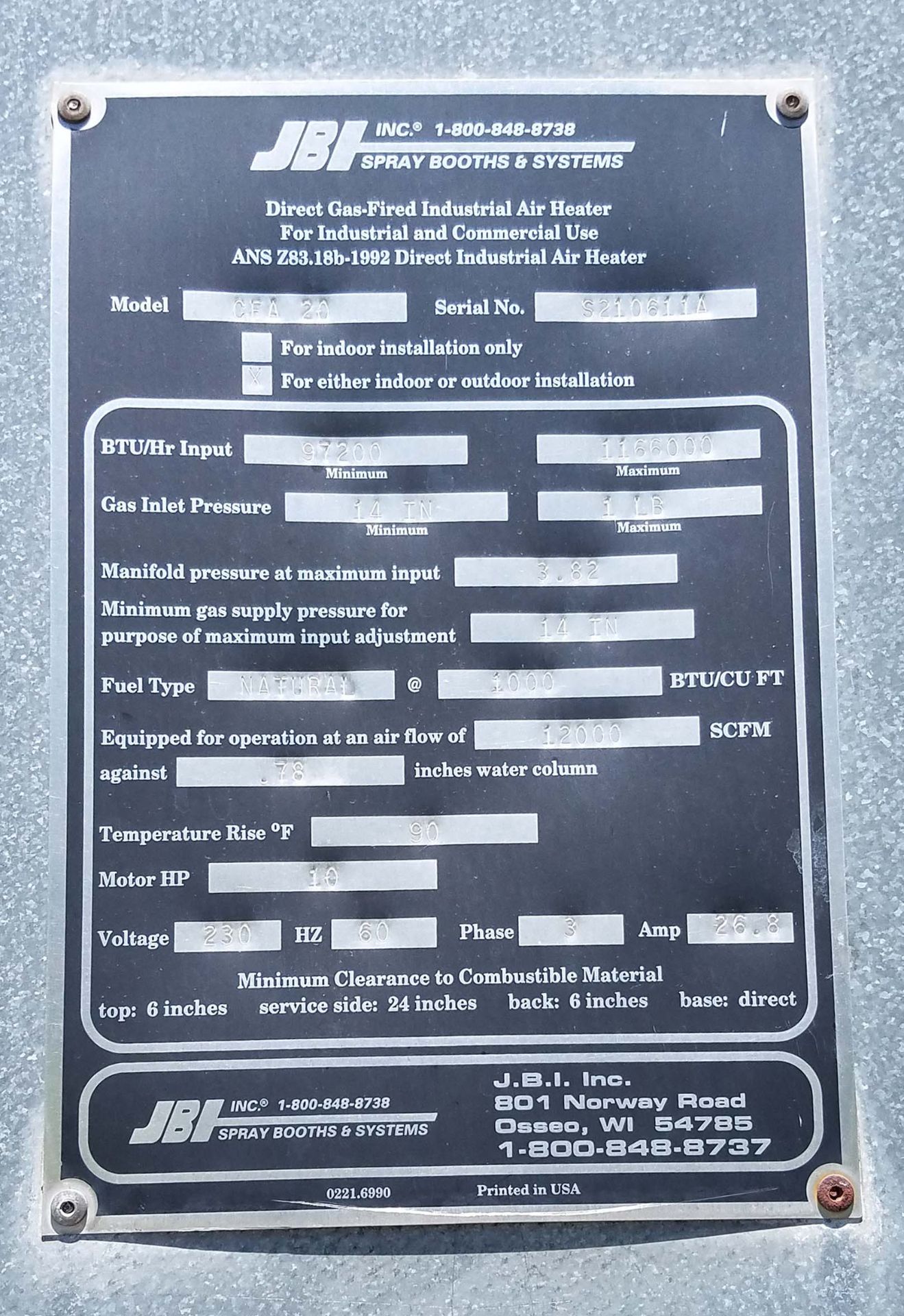 JBI Model CFA 20 Natural Gas Fired Industrial Air Heater, s/n S210611A,(Make up air unit) - Image 3 of 3