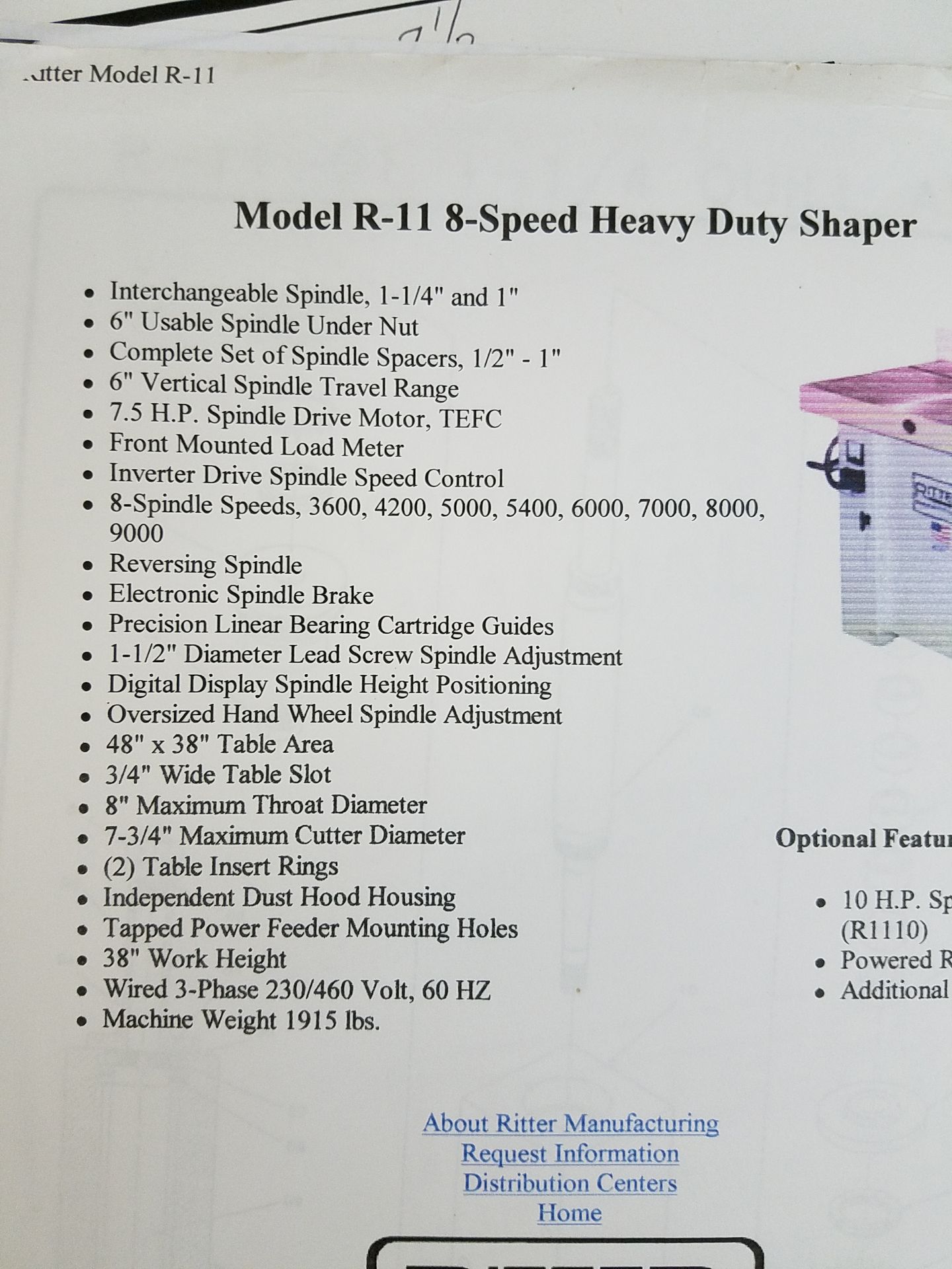 Ritter Model R11 Shaper, 1 1/4 in Spindle, s/n, 7.5 HP, 48 x 30 in T-Slotted Table, Loading Fee $50 - Image 4 of 4