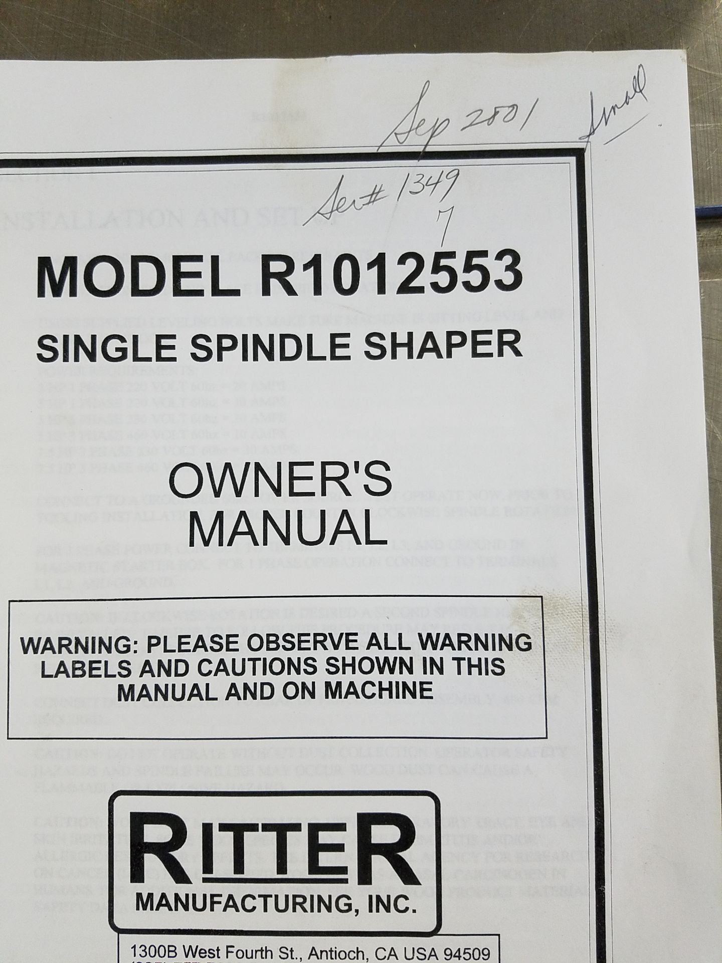 Ritter Model R1012553 Shaper, 1 1/4 in Spindle, s/n 1349, 36 x 30 in T-Slotted Table, 5 HP, 230 v. - Image 3 of 4