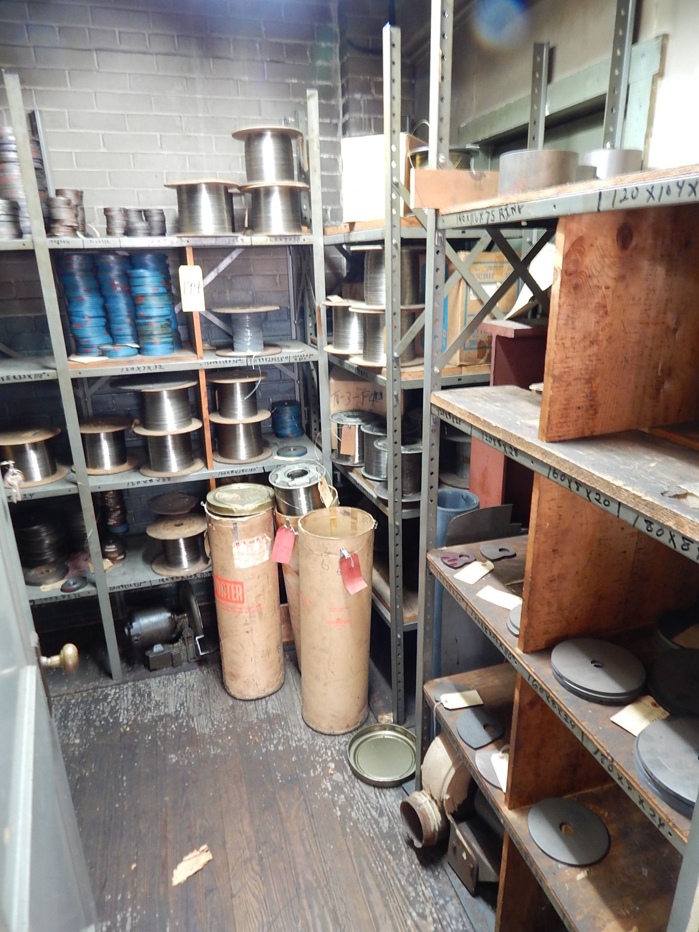 Contents of Storage Room; Wire Spools, Machine Cams, Metal Shelving, Banding Material, and