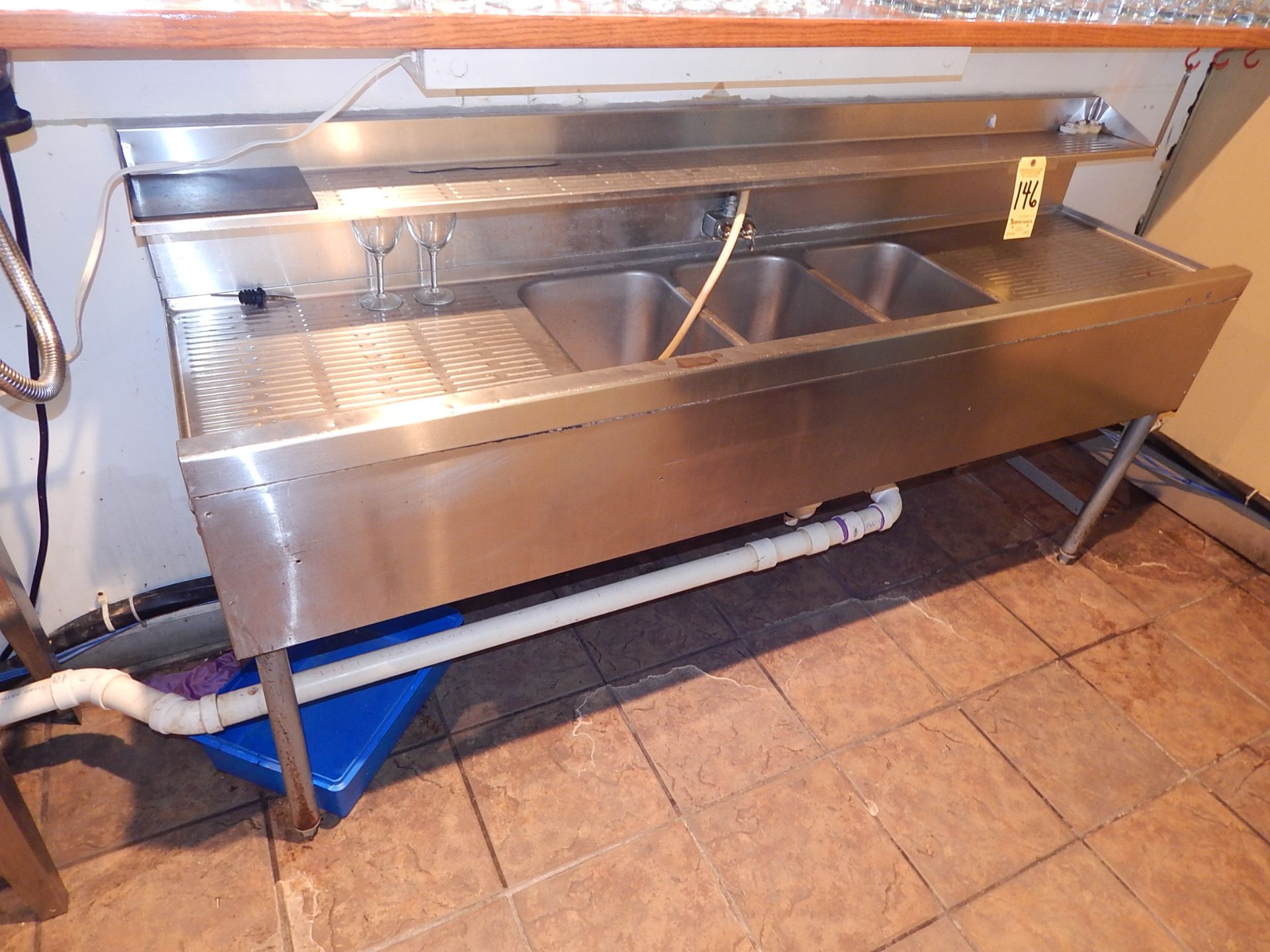 3-Bay Stainless Steel Sink with Drain Boards and Glass Rack
