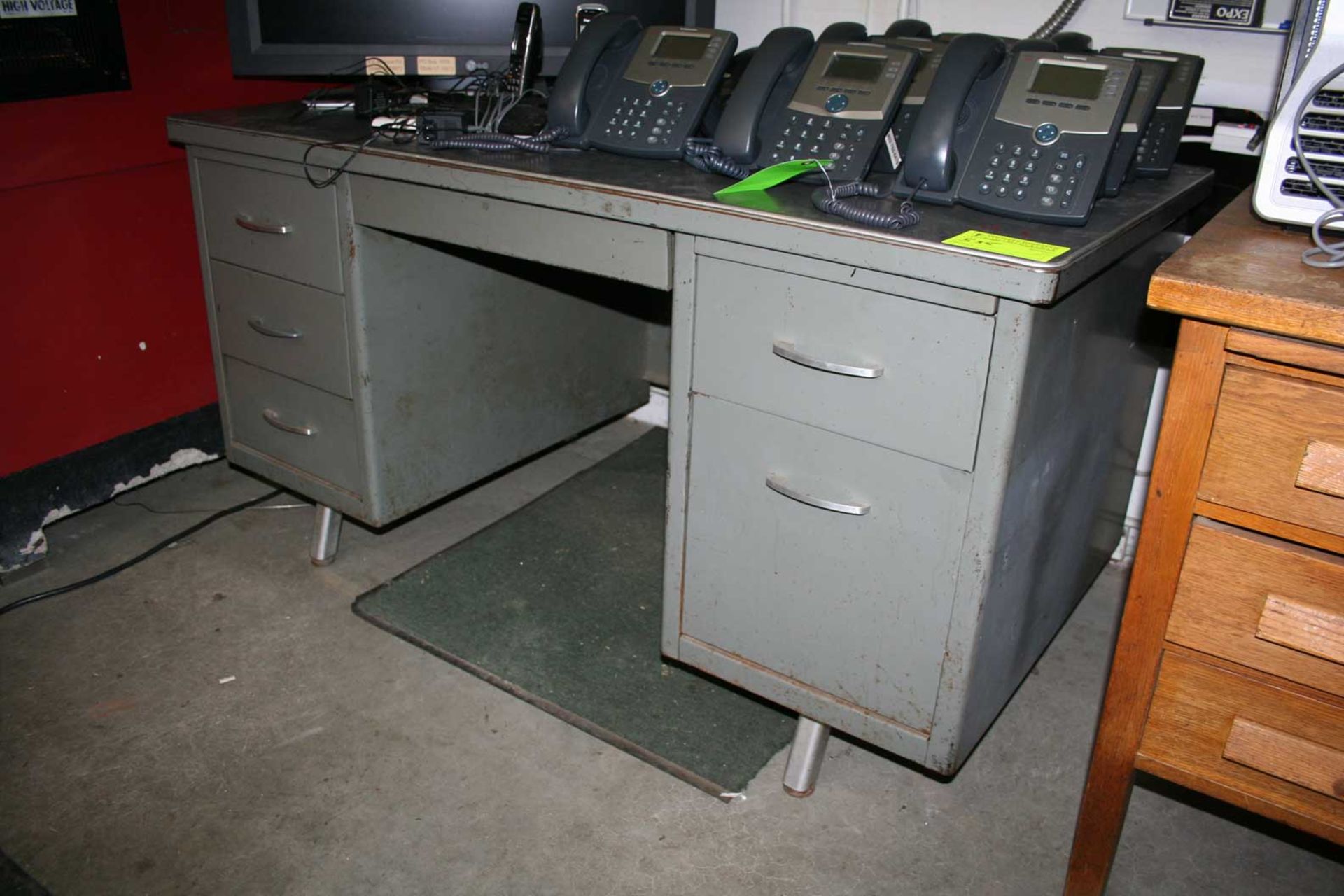 Lot: (2) Desks & Office Supplies (1) oak pedestal desk; (1) steel desk - Image 2 of 2