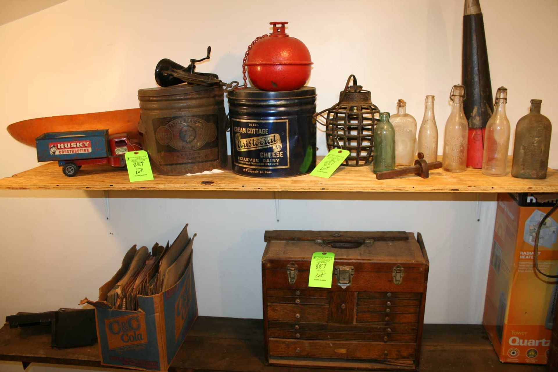 Lot: Misc. Vintage & Antiques machinist chest; antique bottles; advertising tins; toys