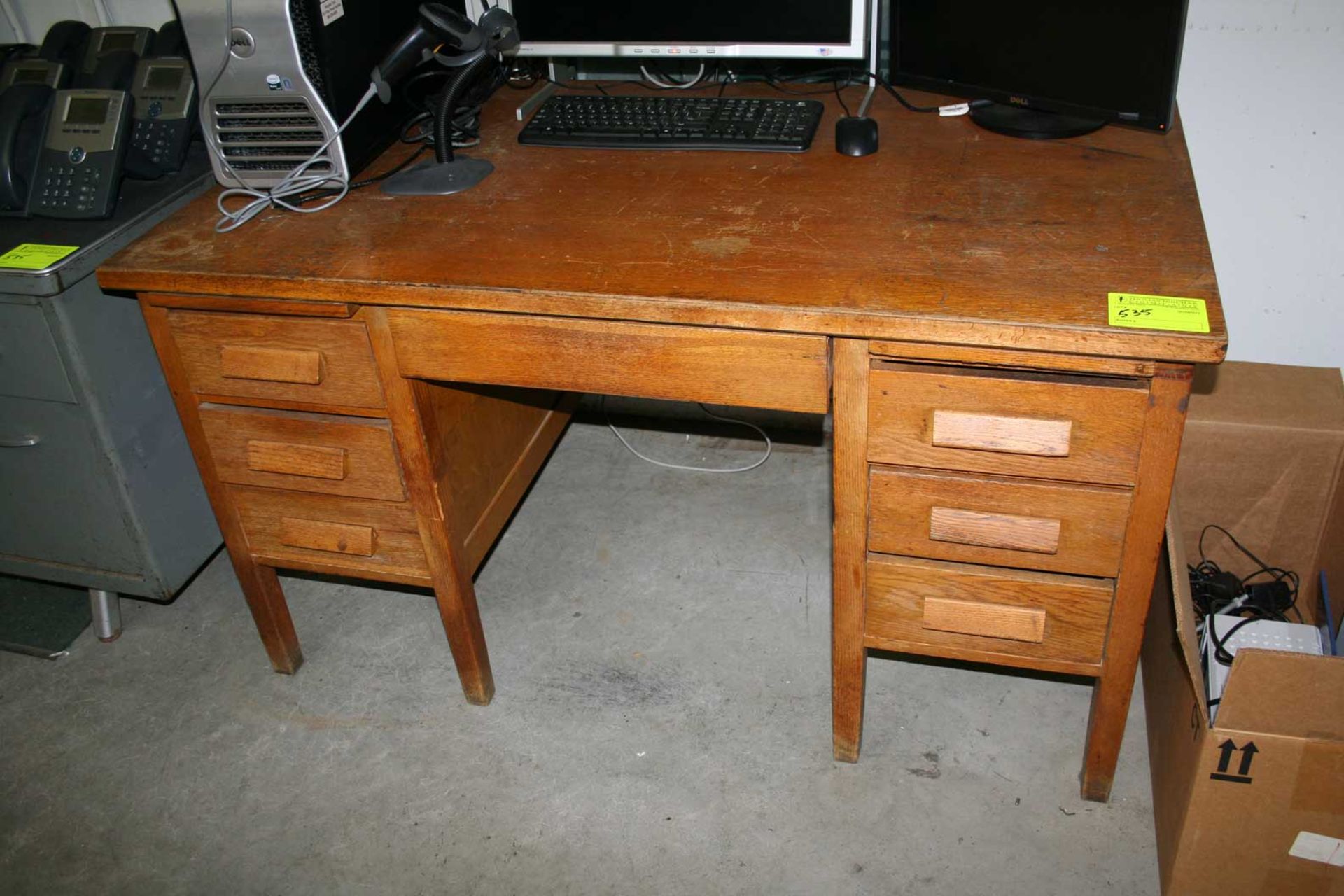 Lot: (2) Desks & Office Supplies (1) oak pedestal desk; (1) steel desk