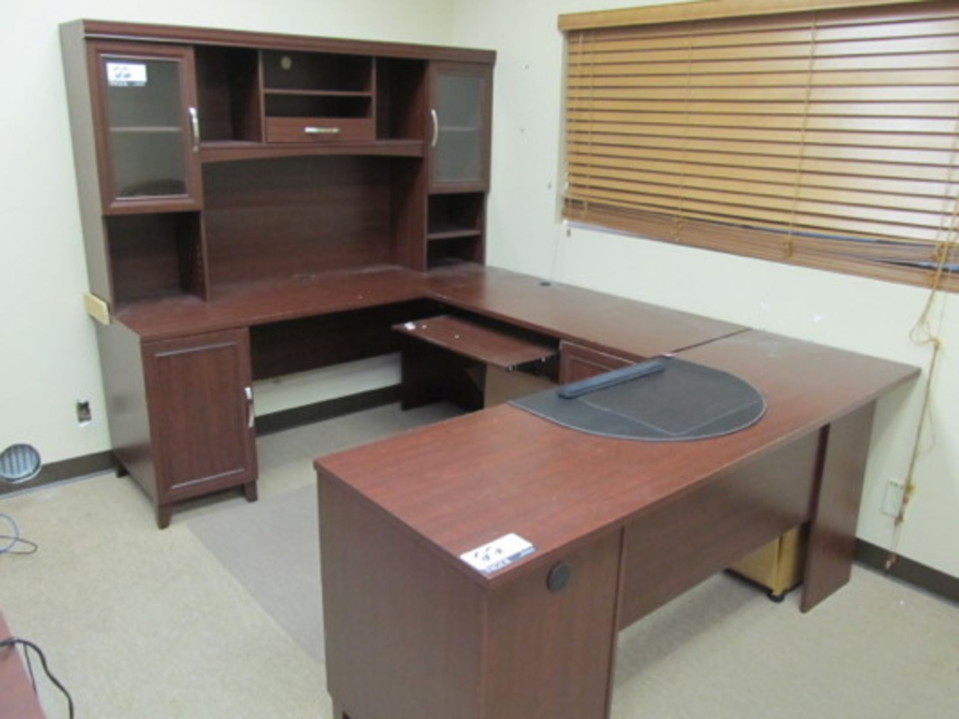 U-Shaped Wood Desk With Overhead Glass Cabinet Cubby, Approx. 8ft x 6ft - Asset Location: Sun