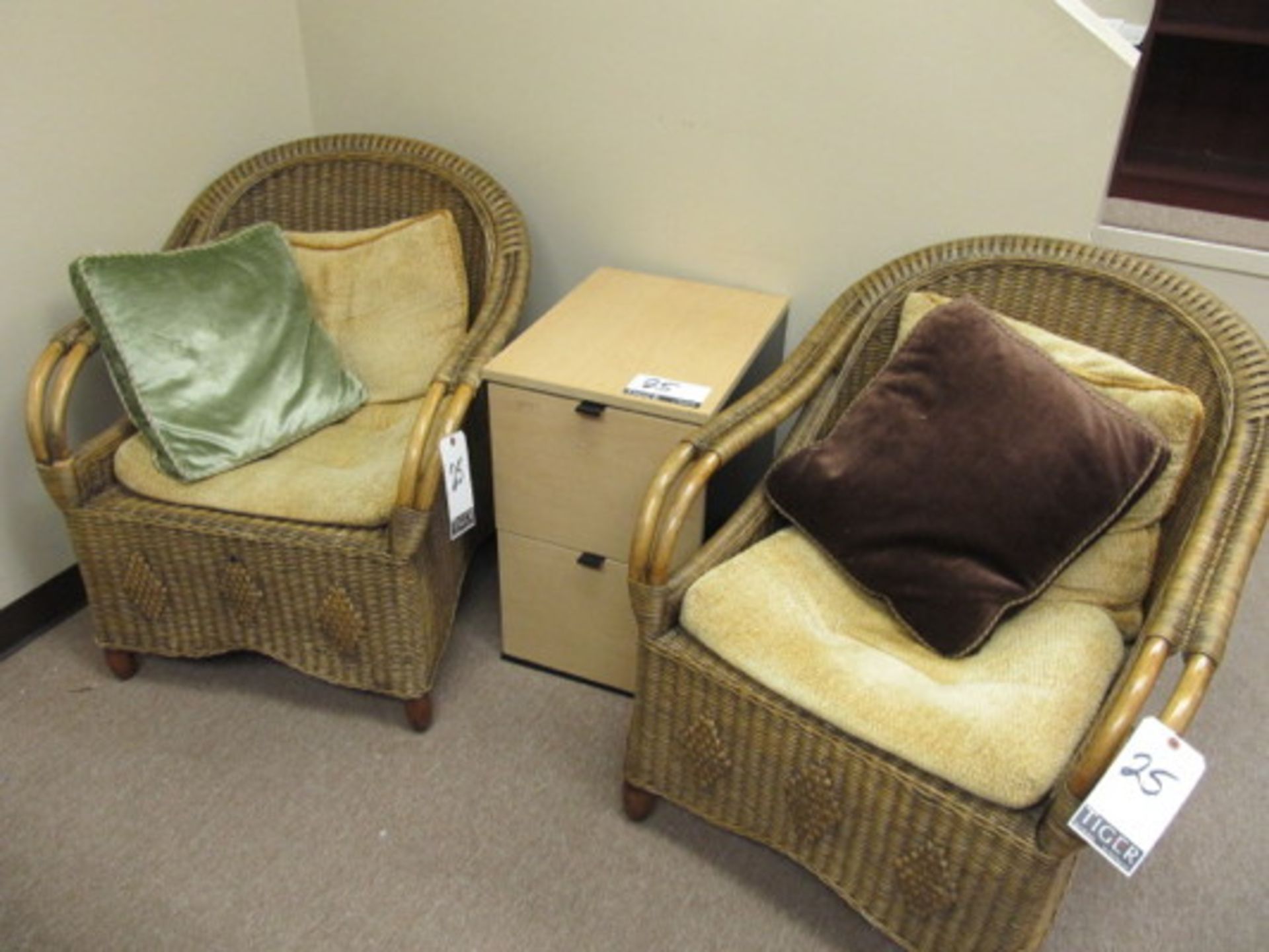 Lot (2) Cushioned Wicker Arm Chairs w/ Wood 2 Drawer Cabinet - Asset Location: Sun Valley, CA