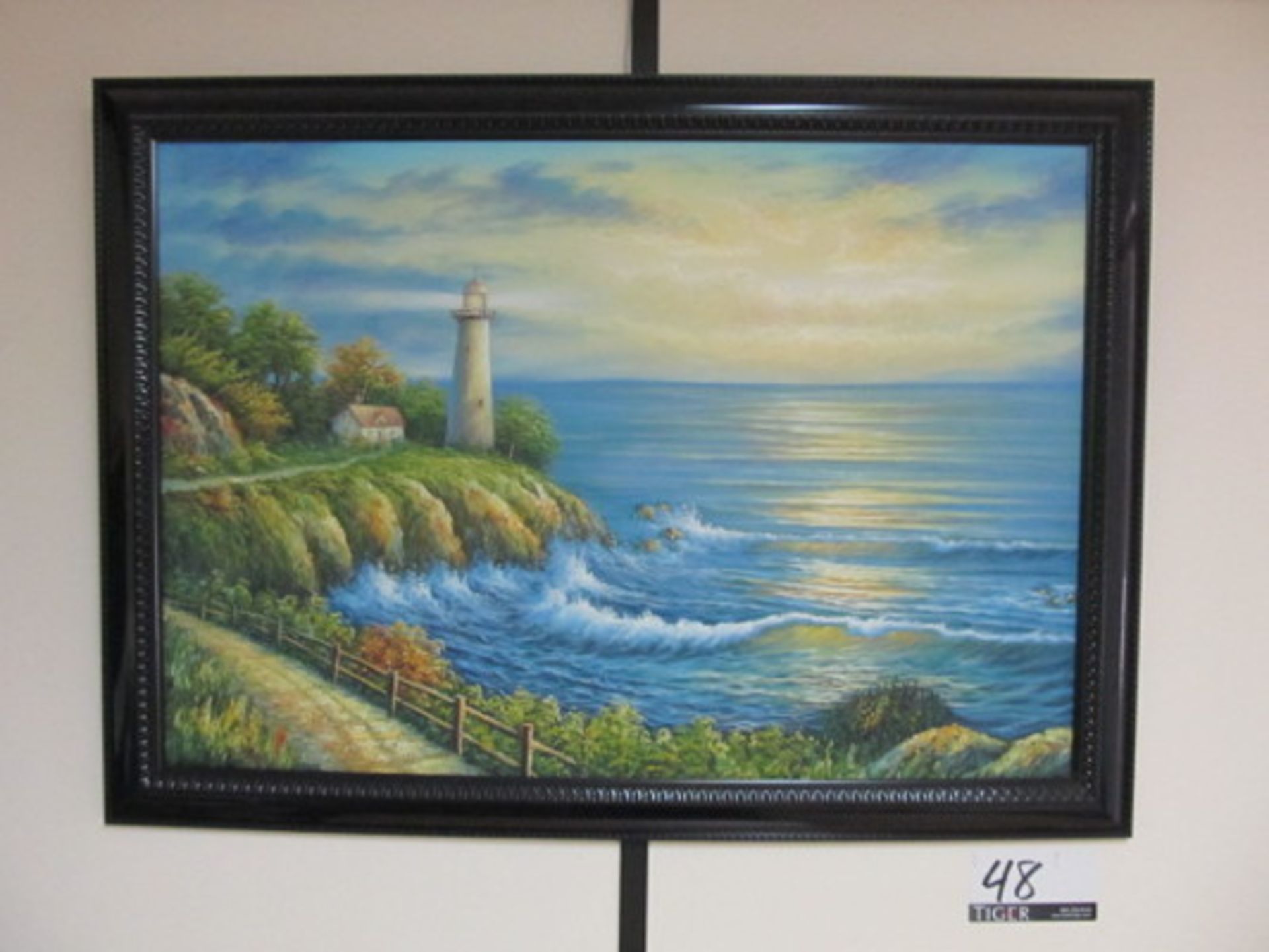 Framed Seaside Ocean Light House Painting, Approx. 40in x 29in - Asset Location: Sun Valley, CA