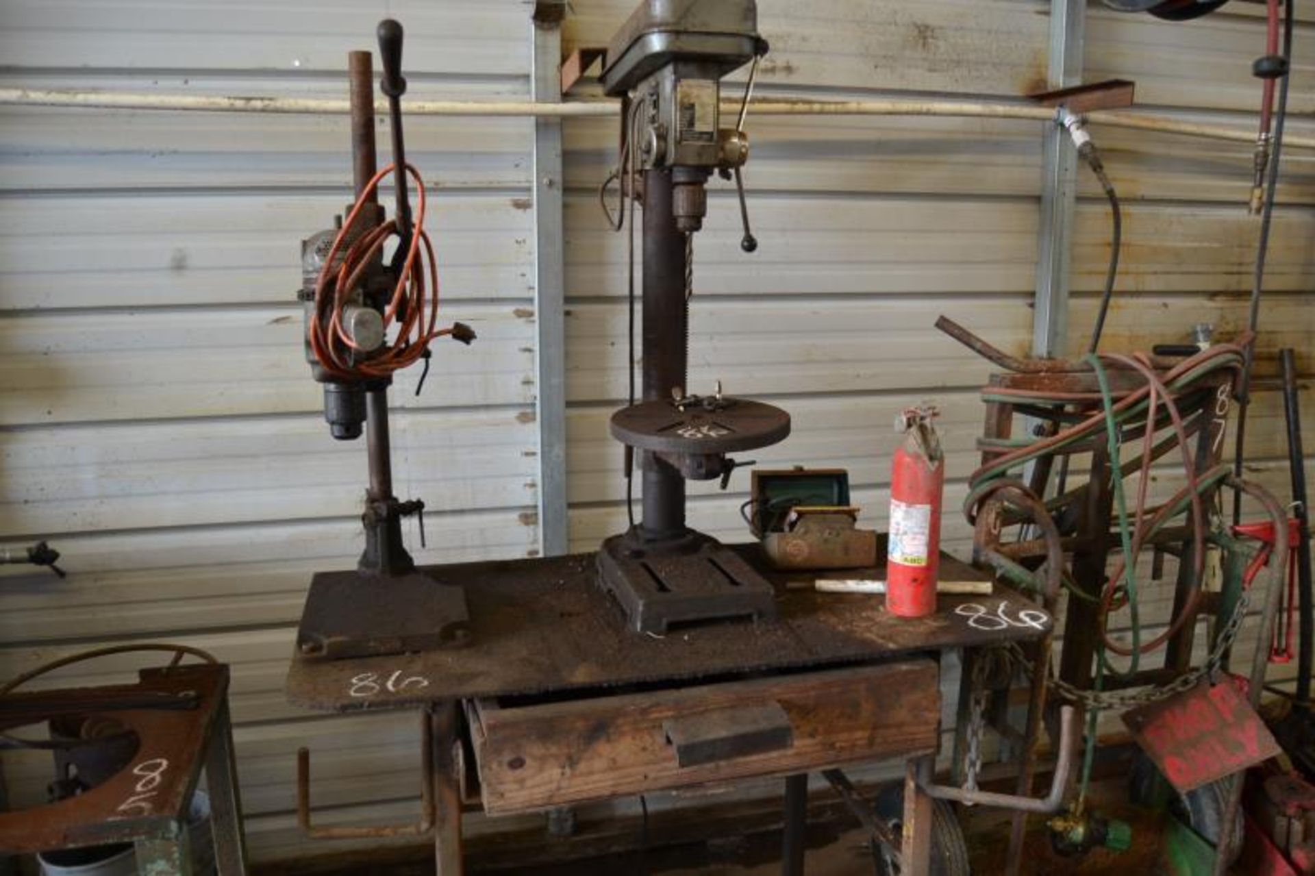 (2) DRILL PRESSES & WORK TABLE
