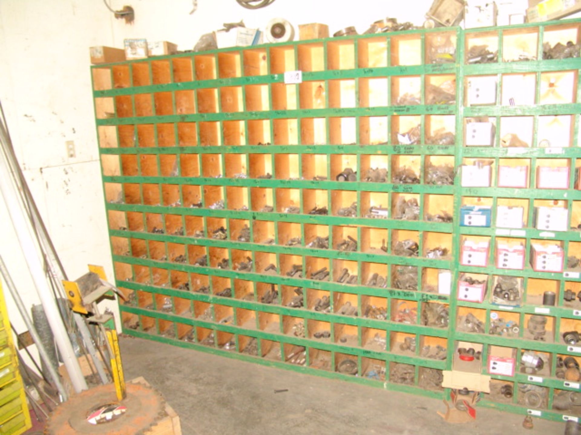 GREEN BOLT BINS & CONTENTS OF BOLTS, FASTENERS,