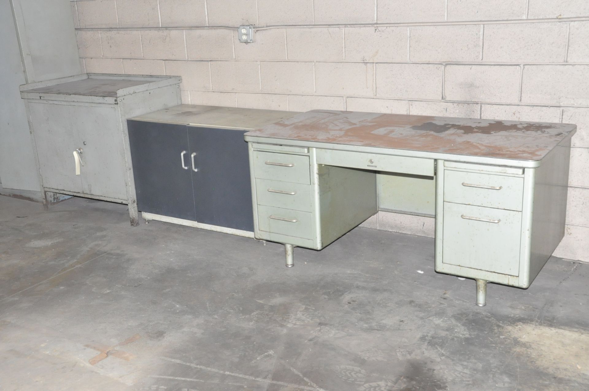 Lot-(4) Desks, (1) Shop Desk, (2) Short Shop Cabinets and (1) Tall 2-Door Storage Cabinet with