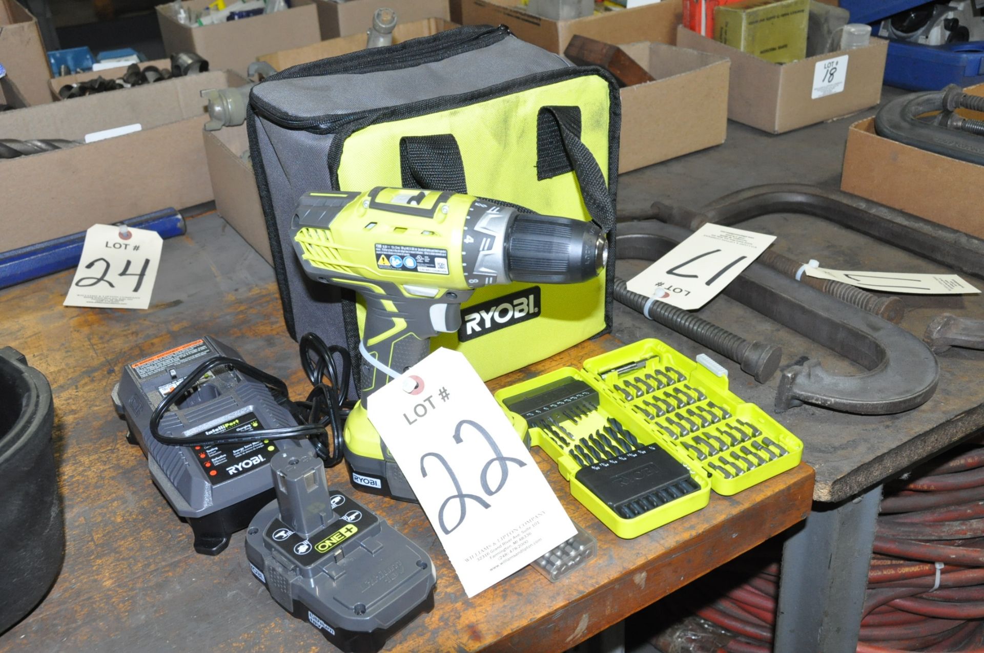 Lot-RYOBI 18V Cordless Drill Set with Charger, (2) Batteries and Bit Set with Case