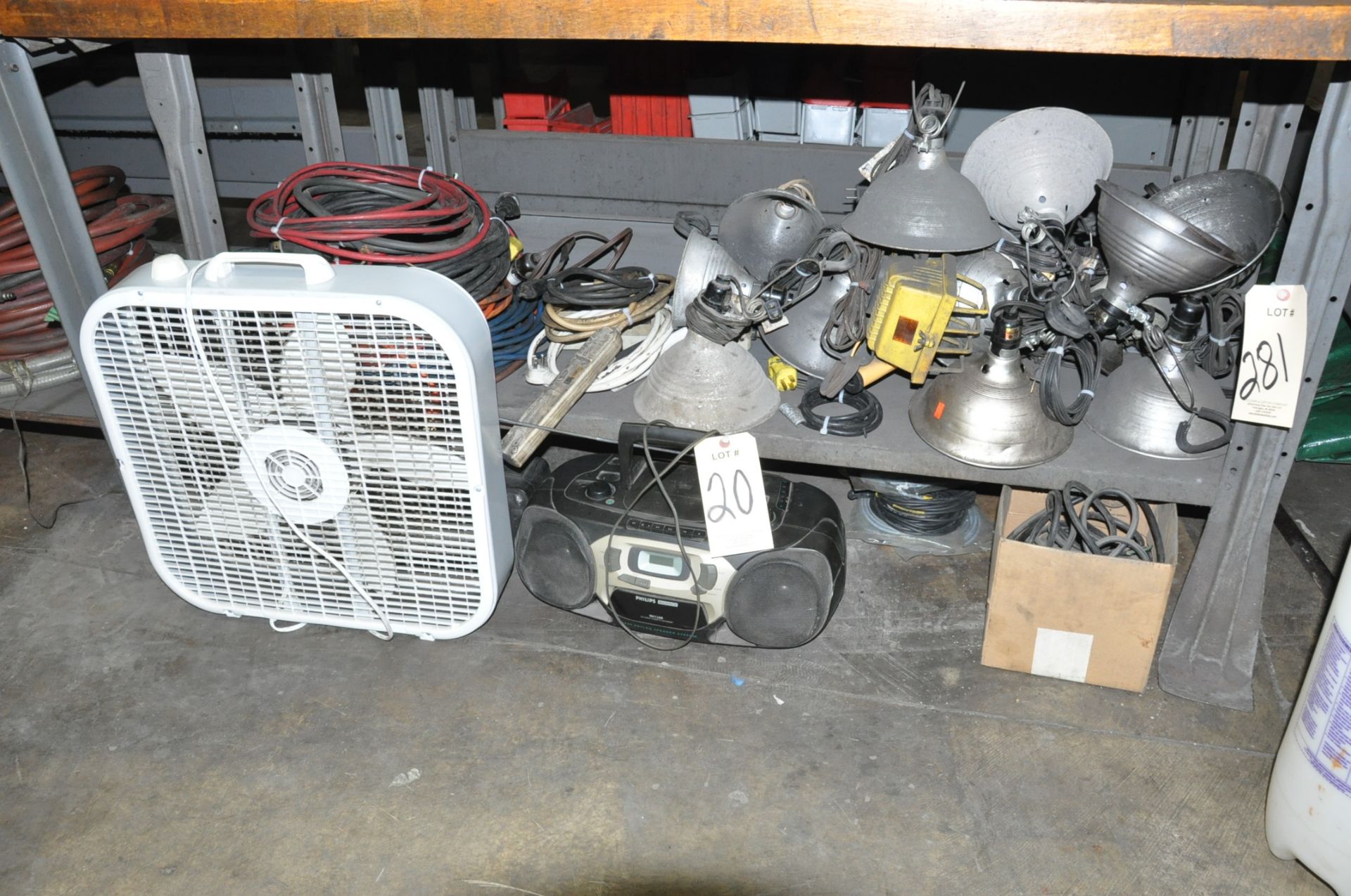 Lot-Extension Cords, Lights, Radios and Fan Under (1) Bench