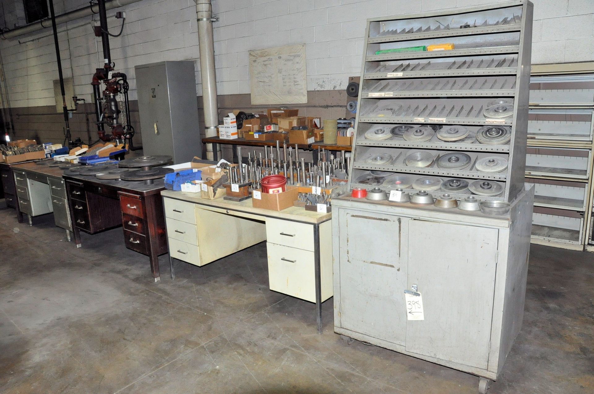 Lot-Short Shop Cabinet with Organizer Top and (4) Desks, (Contents Not Included), (Not to Be Removed